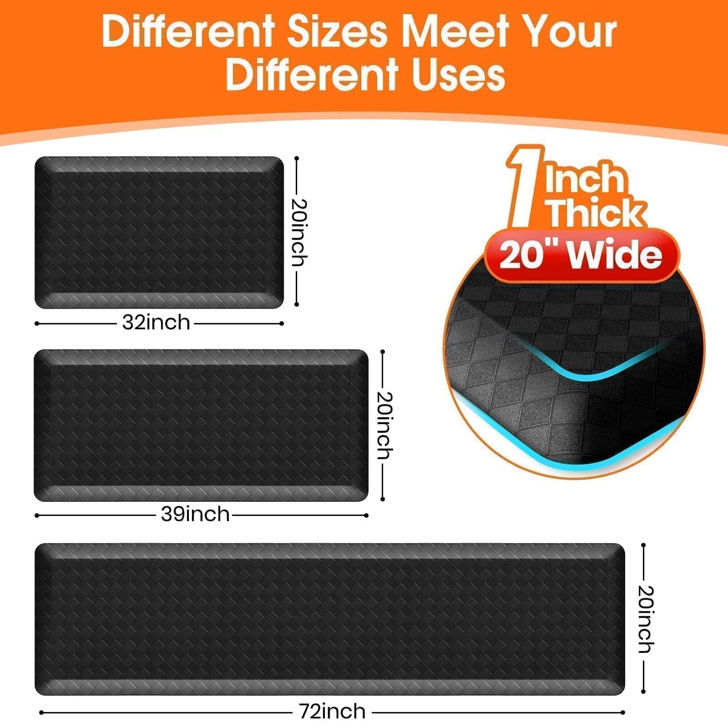 StepRite 1” Thick Kitchen Mats for Floor, Anti Fatigue Kitchen Rugs, Non-Slip,Heavy Duty Water Resistant Kitchen Rug, Standing Desk Mat for Friends, Family, Home, Kitchen, Office (32" x 20", Black)