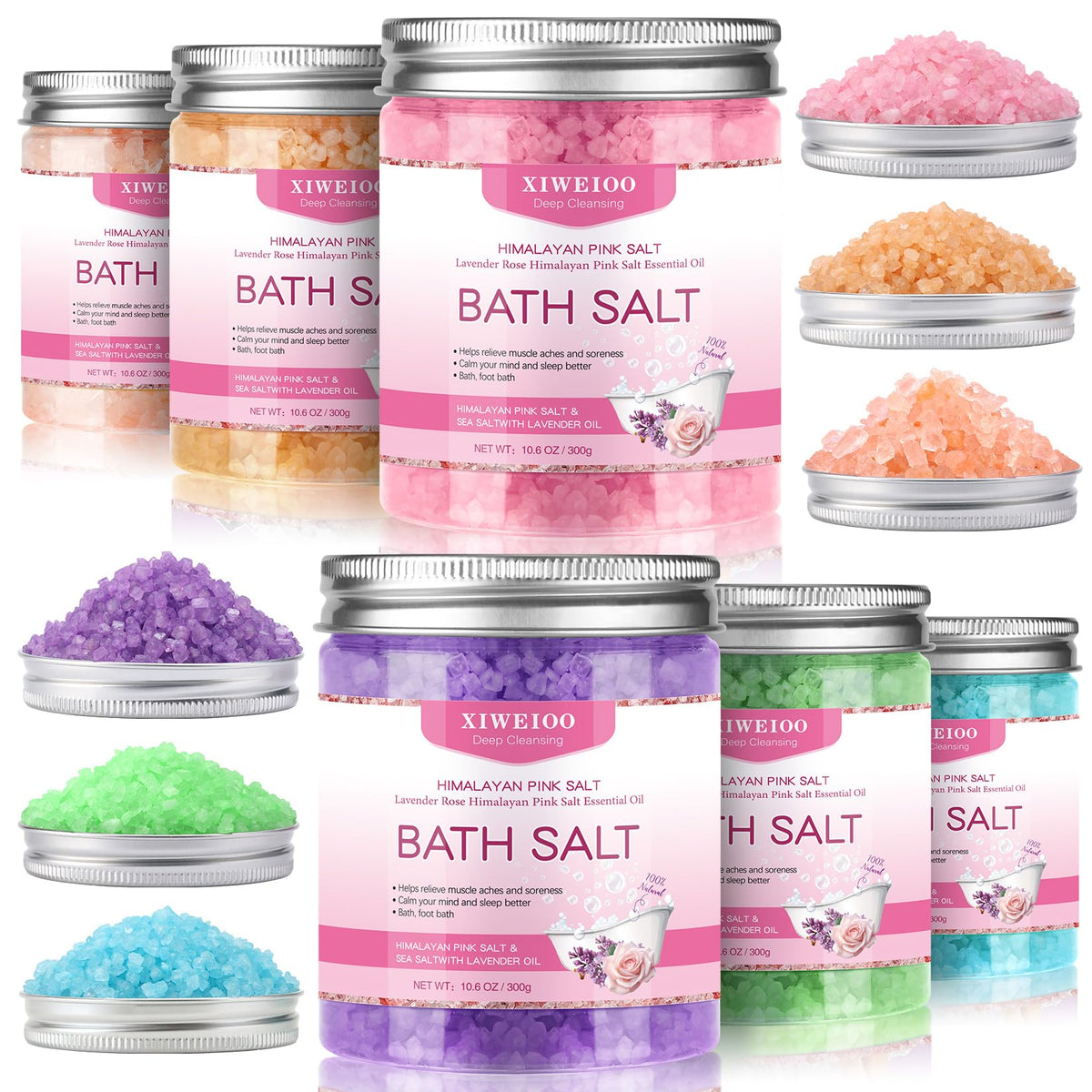 XIWEIOO 6 Pack Bath Salt KIT for Soaking Himalayan Pink Salt Lavender Orange Rose Pink Scent Epsom Salt Bubble Bath for Women Gift with Dead Sea Salt Moisturizing Skin Essential Oil