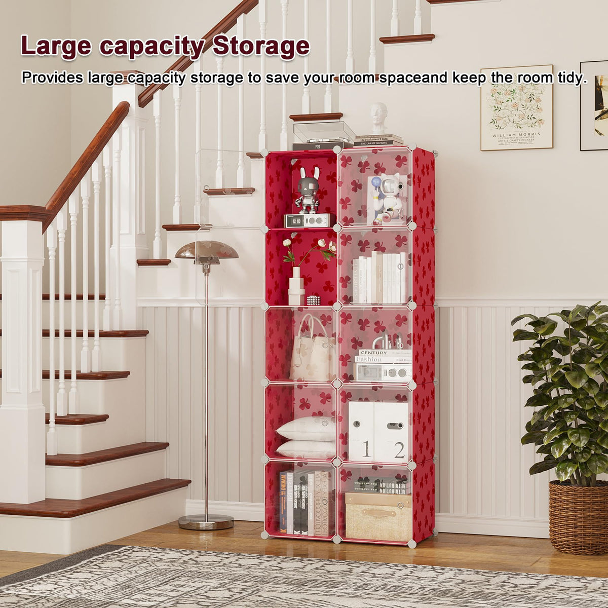 C&AHOME Cube Storage Organizer with Doors, 10-Cube Shelves, DIY Plastic Modular Bookshelf, Closet Clothes Storage Shelving Ideal for Bedroom, Living Room, Clover Embossed, Red