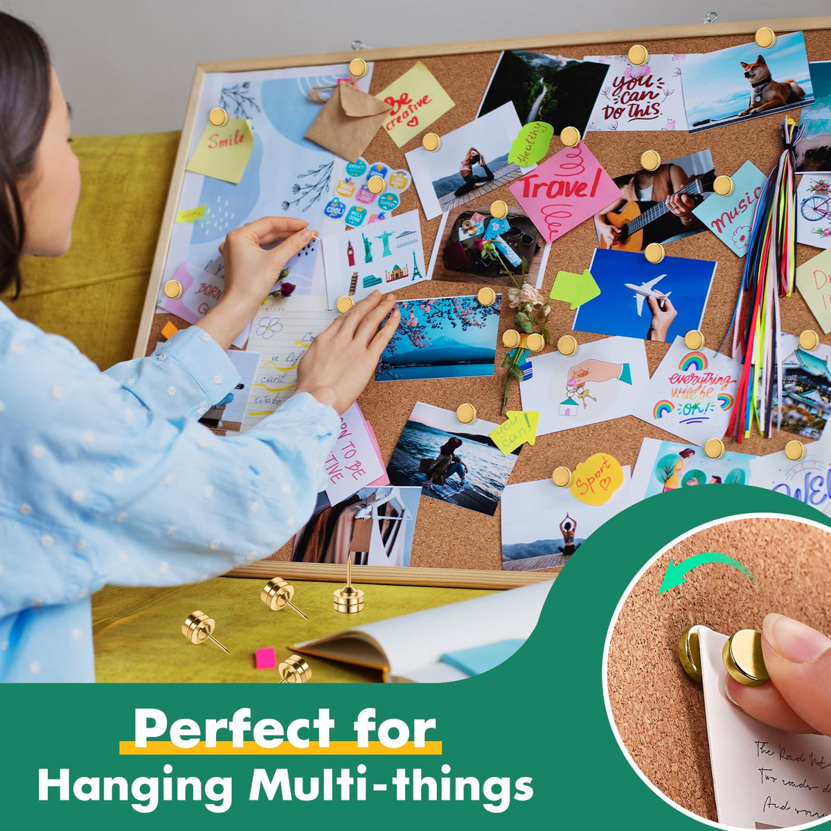GOOLADA 20 Sets of Magnetic Push Pins, Magnetic Thumb Tacks, Cute Flat Push Pin, Gold Push Pins for Bulletin Board, Magnetic Pins for Wall, Flat Thumb Tacks for Cork Board