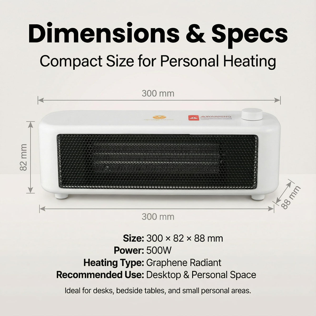 500W Graphene Far-Infrared Mini Desktop Heater, Low-Noise Personal Space Heater with Overheat Protection, Compact Under-Desk & Office Heater, 2 Heat Settings, Safe-Touch Housing