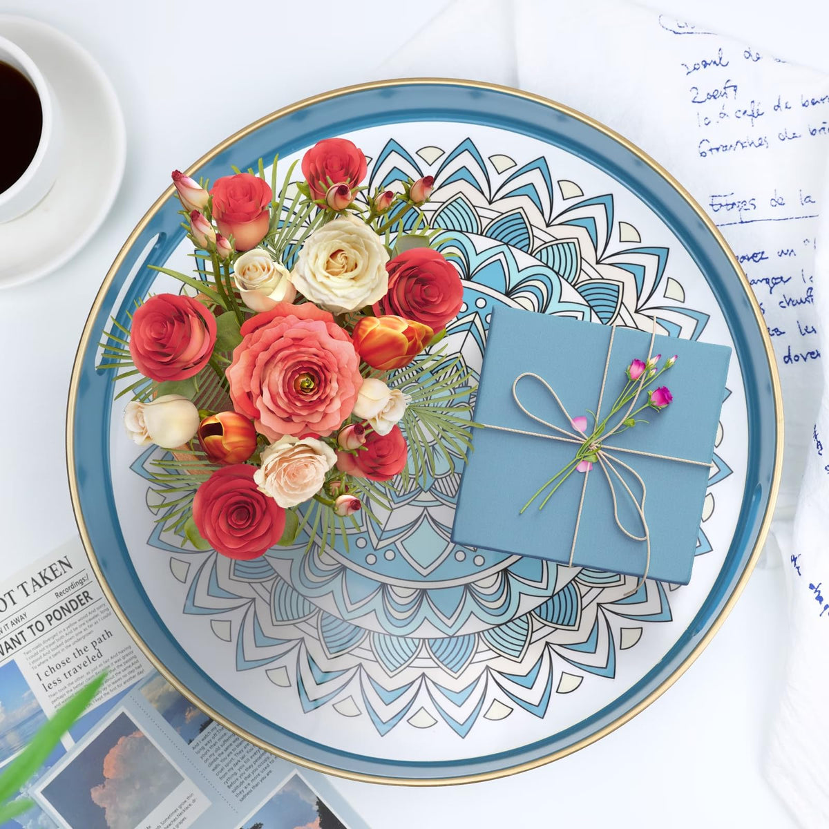 SforGUVA Round Cyan Decorative Tray for Coffee Table, Ottoman, 13” Plastic Serving Platter Tray with Handles for Entertaining, Living Room