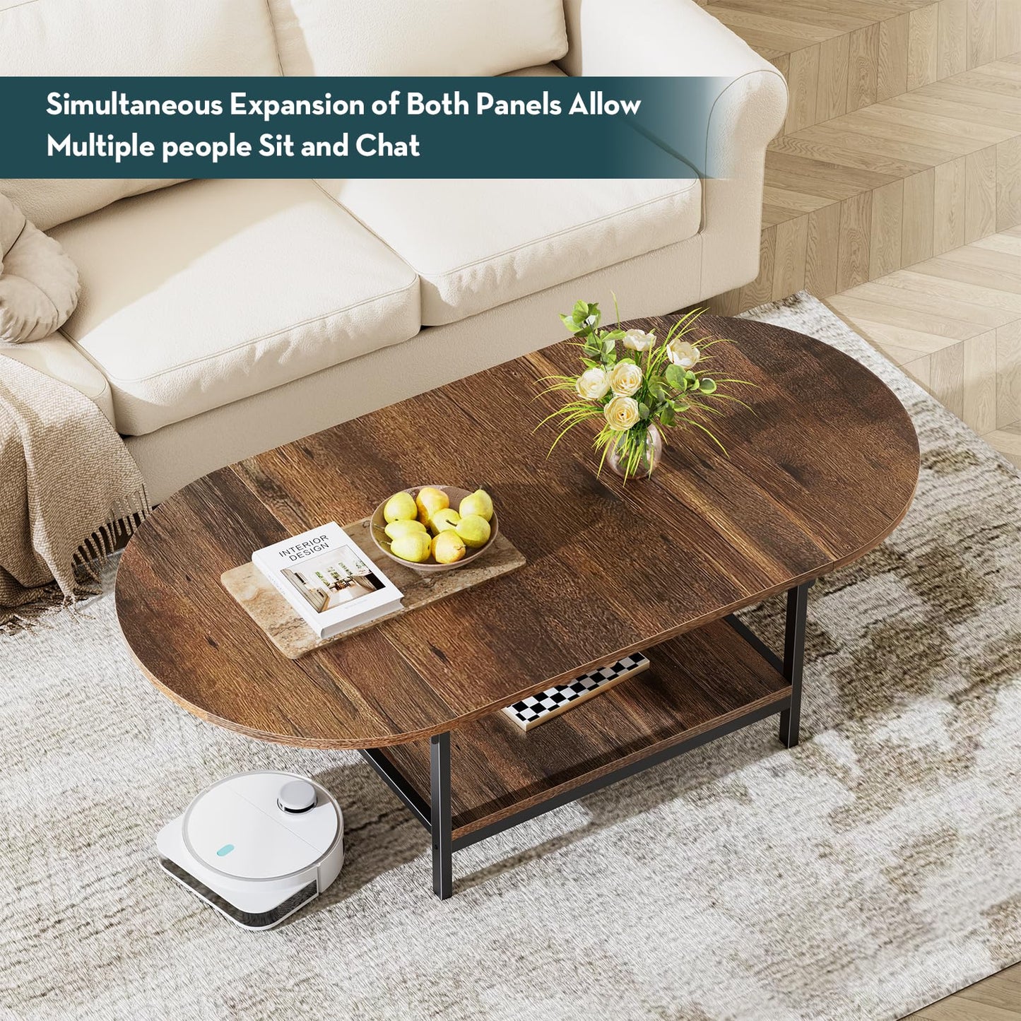 SAYGOER Folding Coffee Table for Living Room, Small Coffee Tables with 2-Tier Storage, Mid Century Modern Center Table for Small Space, Oval Farmhouse Table Square, Dark Brown