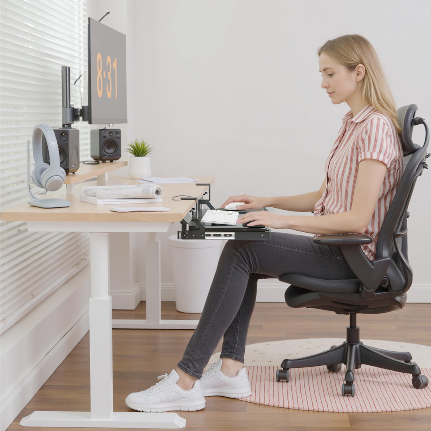TEXENDO Keyboard Tray, 25 in. Pine Plastic, Keyboard tray Under Desk with Wrist Rest, Mouse Pad, Cup Mat, Lightweight Slide Out Tray, Easy Assemble Adjustable C clamp