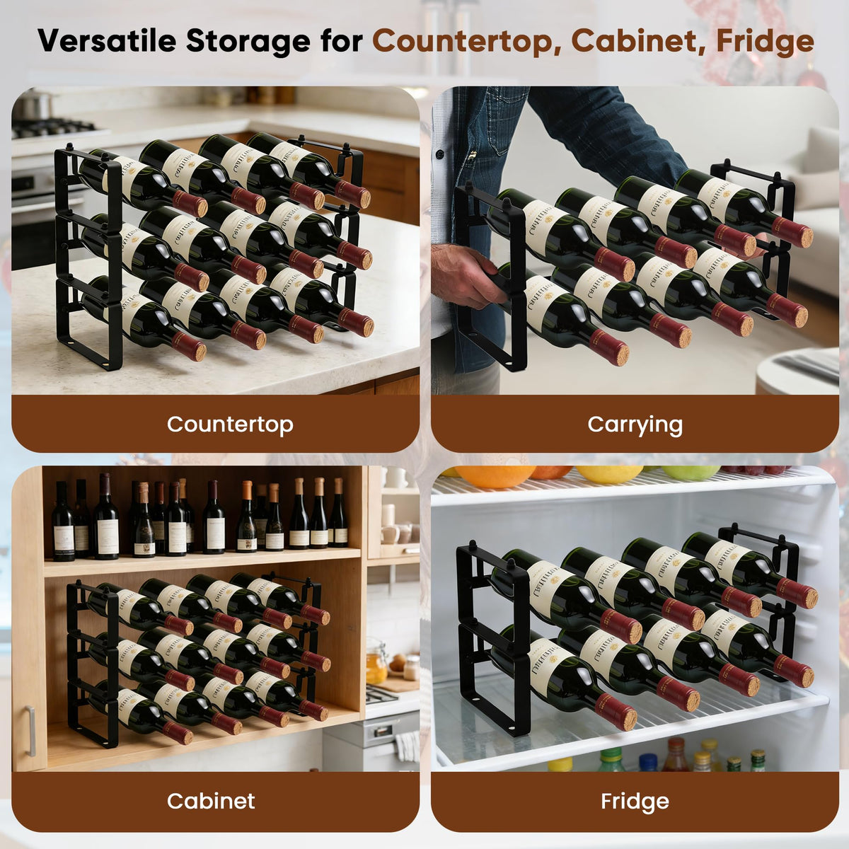HRUSGO Wine Rack for Countertop – Stackable Freestanding Bottle Organizer for Kitchen, Pantry, Bar Cabinet & Small Spaces – Compact Metal Shelf & Modular Storage Stand (3-Tier)