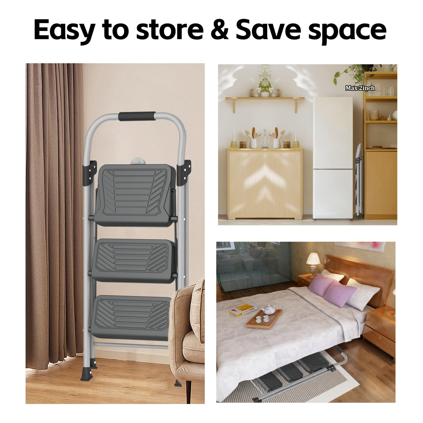 DIAMONDFORGE 3 Step Ladder, Folding Step Stool with Anti-Slip Wide Pedal, Soft Handle, Anti-Slip Feet, Sturdiest Steel Construction, 900lbs Capacity Steel Ladder for Home and Office, GrayBlack