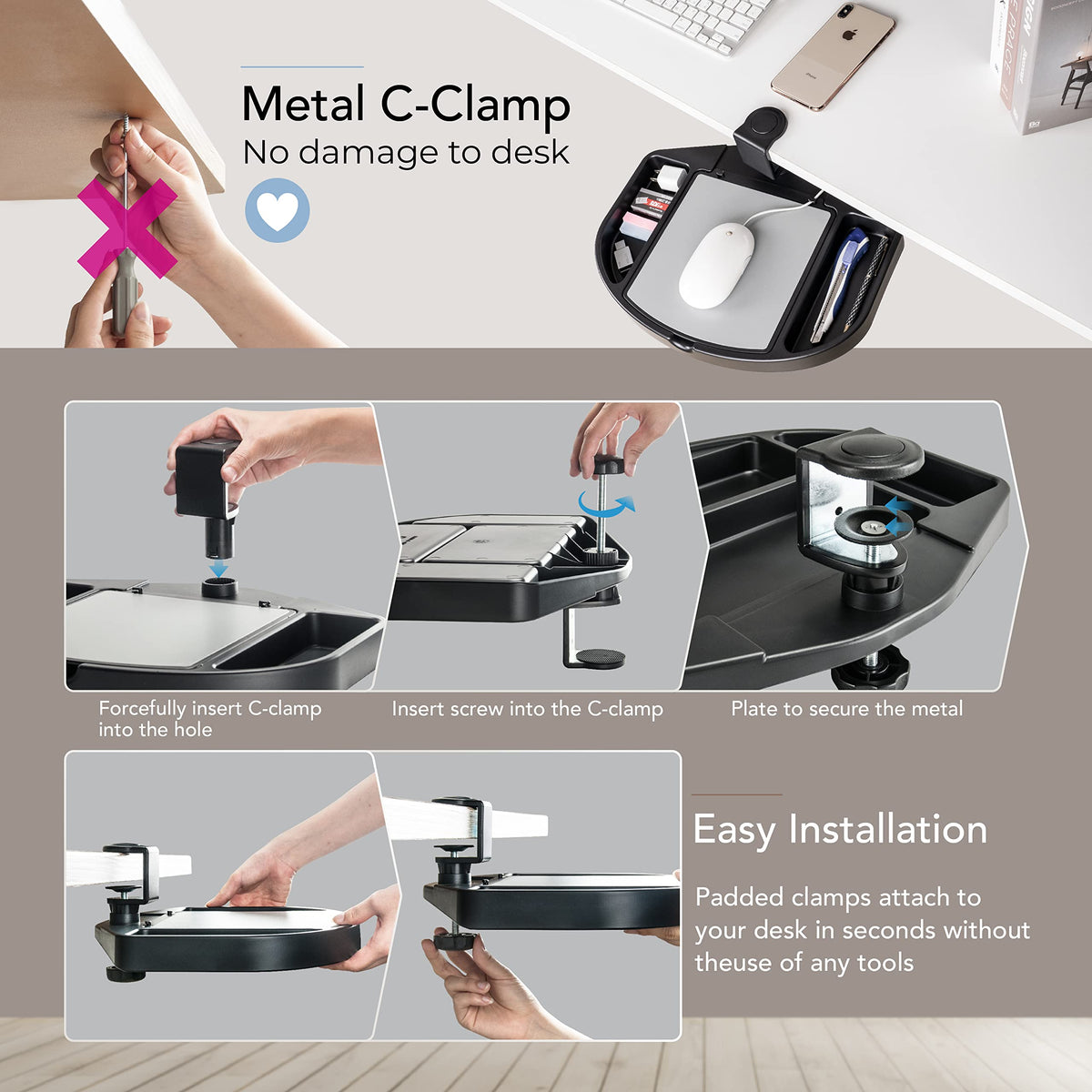 EHO Clamp-On Desk Organizer, Multifunctional with Pencil Drawer, Mouse Pad Storage, Swivel, Spill-Proof, Under Desk Storage, Easy Installation, Reduces Clutter, TAA-Compliant