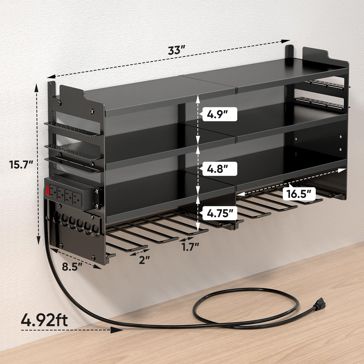 POKIPO Large Power Tool Organizer Wall Mount with Charging Station,4 Layer Heavy Duty Metal Tool Storage Rack Loads 600lbs with 8 Cordless Drill Holder,Battery Utility Rack Loads with 4 Power Strip
