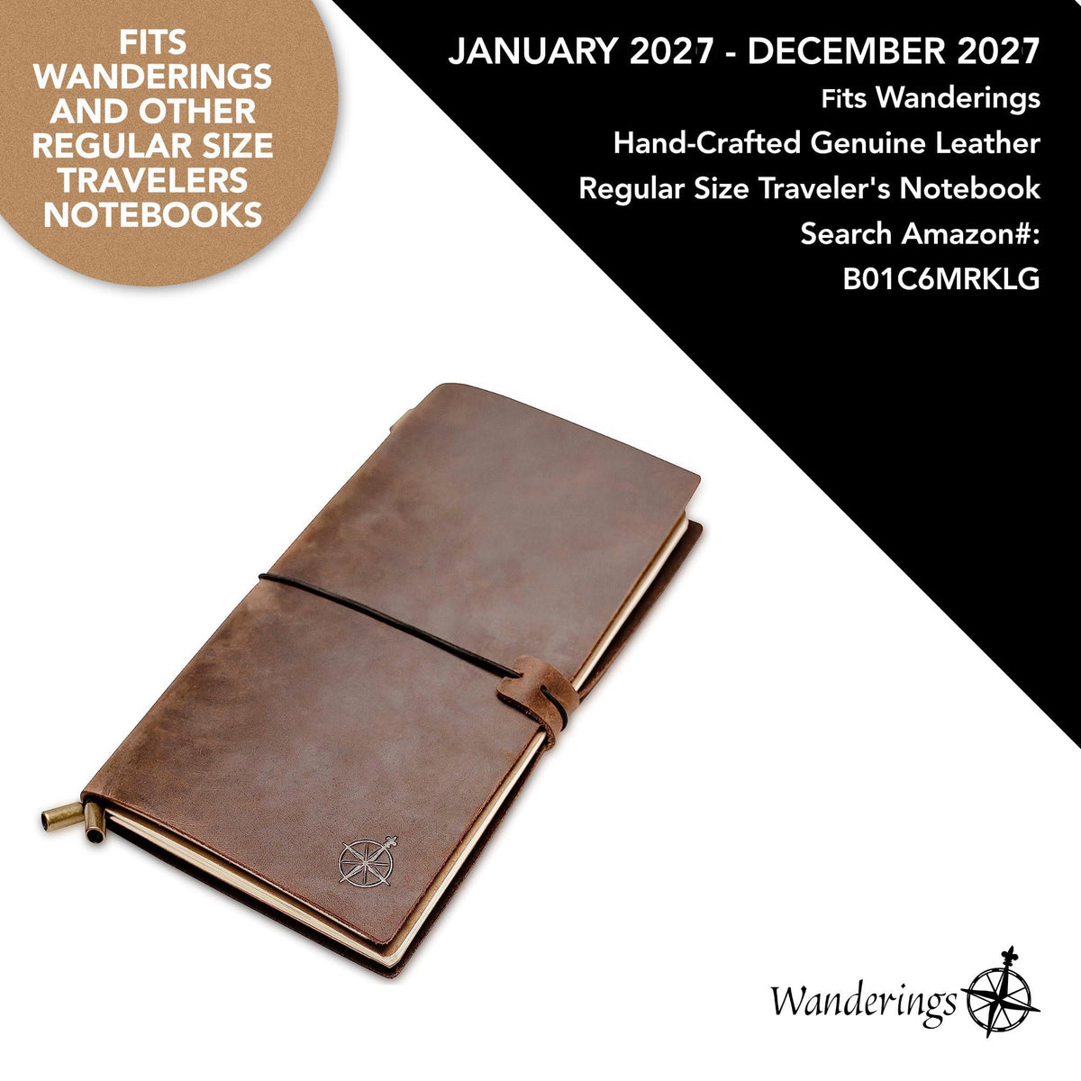 Wanderings Traveler's Notebook Calendar Refill Inserts - 4.25 x 8.25" (11cm x 21cm) - January 2027 - December 2027- Calendar Planner Refills For Leather Travel Journals, Diaries and Planners