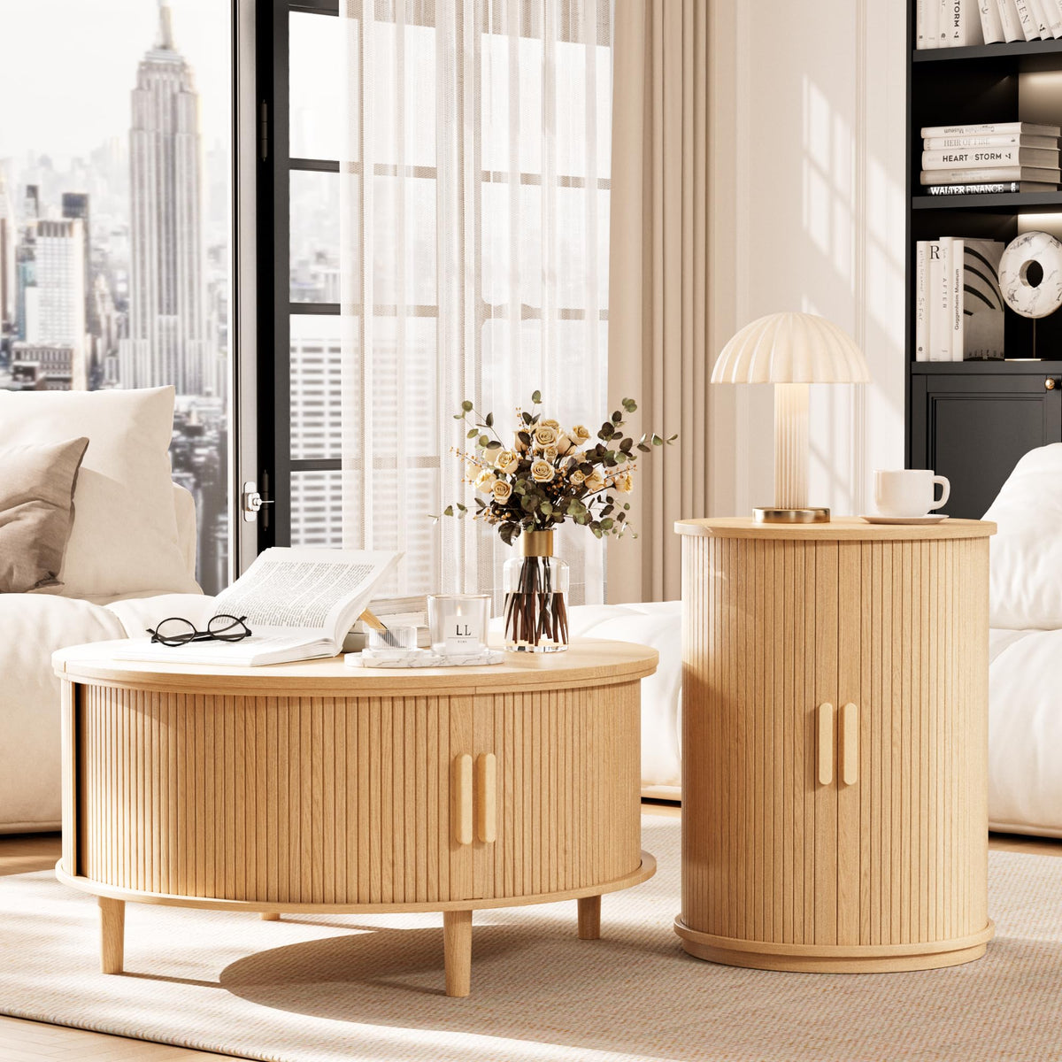INNOD Side Table with Storage for Living Room, Round End Table with Sliding Tambour Door, Wood Night Stand Nightstand Bedside Table for Bedroom, Small Round Side Table, Mid Century Modern, Light Oak