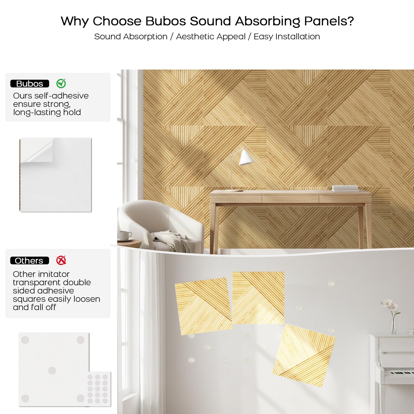 BUBOS 6 Pack Acoustic Wall Panels - High-Density Polyester Sound Absorbing Panels, Decorative Wood Print Treatment for Recording Studio & Home Office, Peel and Stick, 23.6" x 23.6"