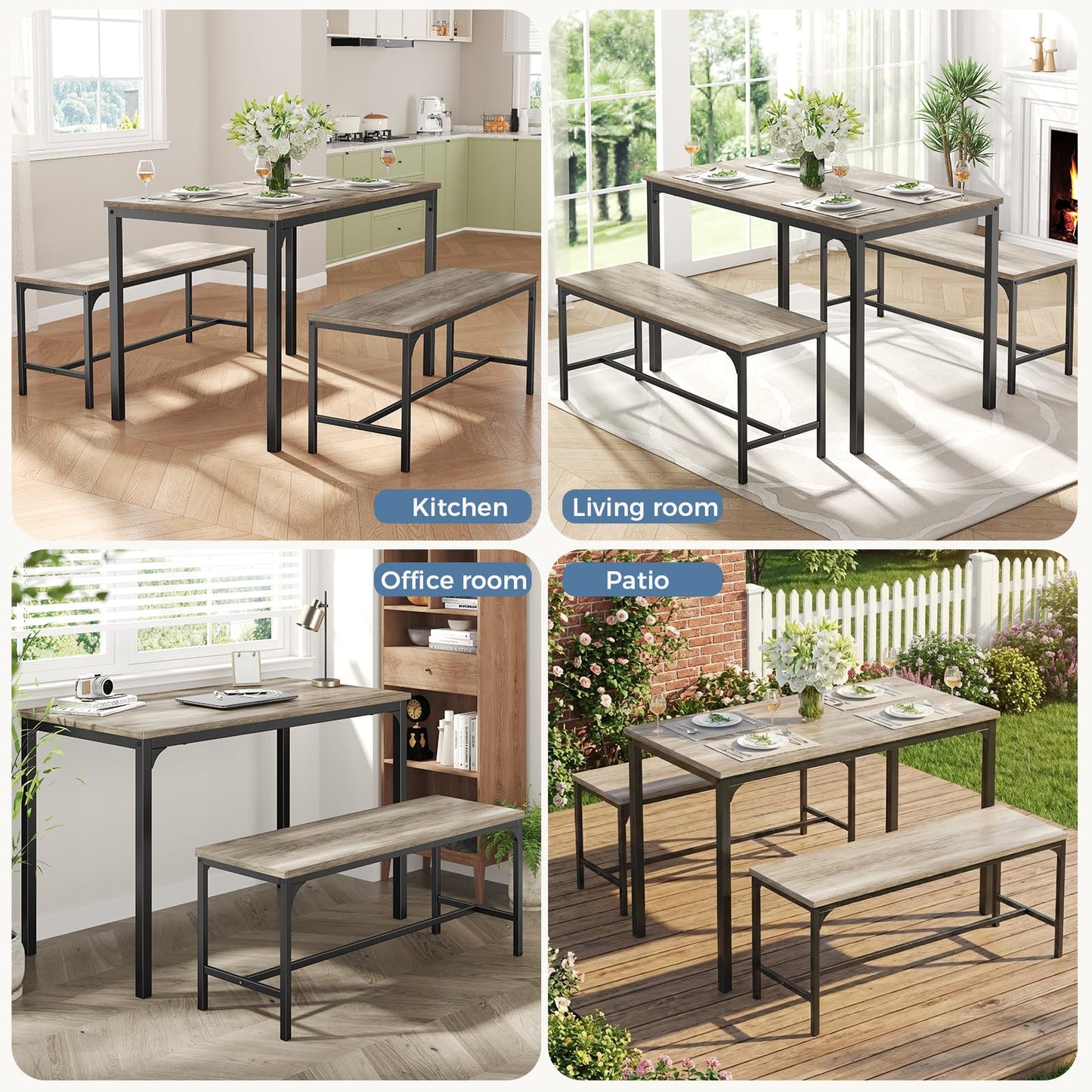 DUMOS Dining Table Set, Dining Table for 4 with Bench,Kitchen Table, Space-Saving Ideal 4-Person Set for Dining Room Kitchen Apartment Corner Grey 3 Pack