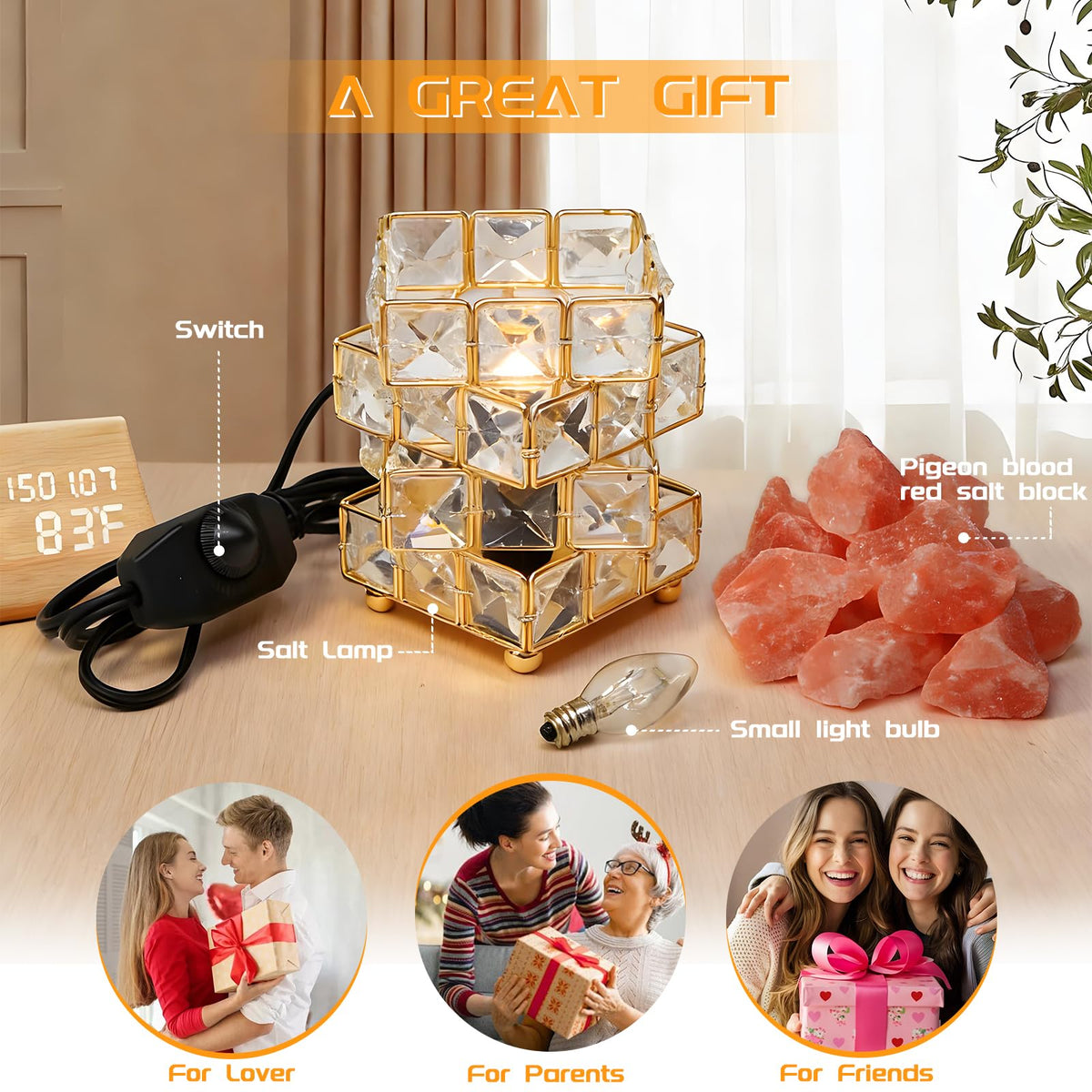 Natural Himalayan Pink Salt Lamp, Dimmable Single Lighting, Plug-in Powered, Crystal Salt Rock Lamp, Glow Night Light for Bedroom Office, UL & ETL Certified Cord
