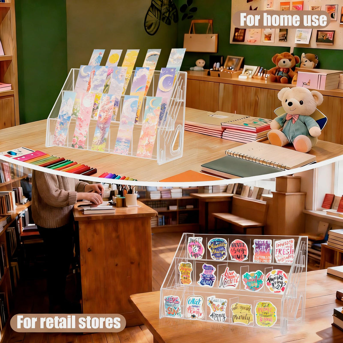 TrendTrust Acrylic Sticker Display Stand with Divided Pockets, Portable Bookmark Holder Tiered Display Stand, Clear Desk Organizer for Home, Retail or Craft Fair Use(15 Pockets, 3 Tier)