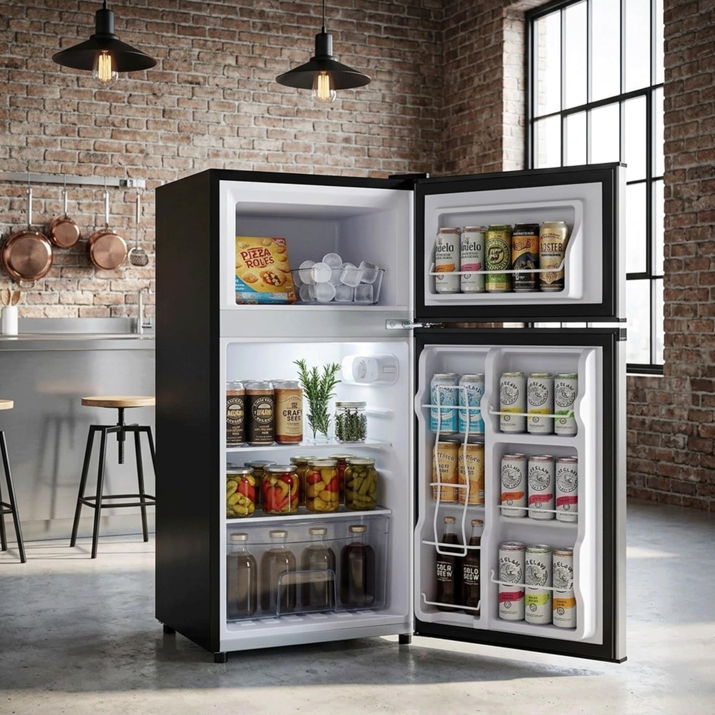 3.2 Cu.Ft Mini Fridge with Freezer, 2 Door Small Refrigerator with Adjustable Thermostat Energy-efficient Low Noise, Compact Fridge for Bedroom, Office, Dorm, Silver
