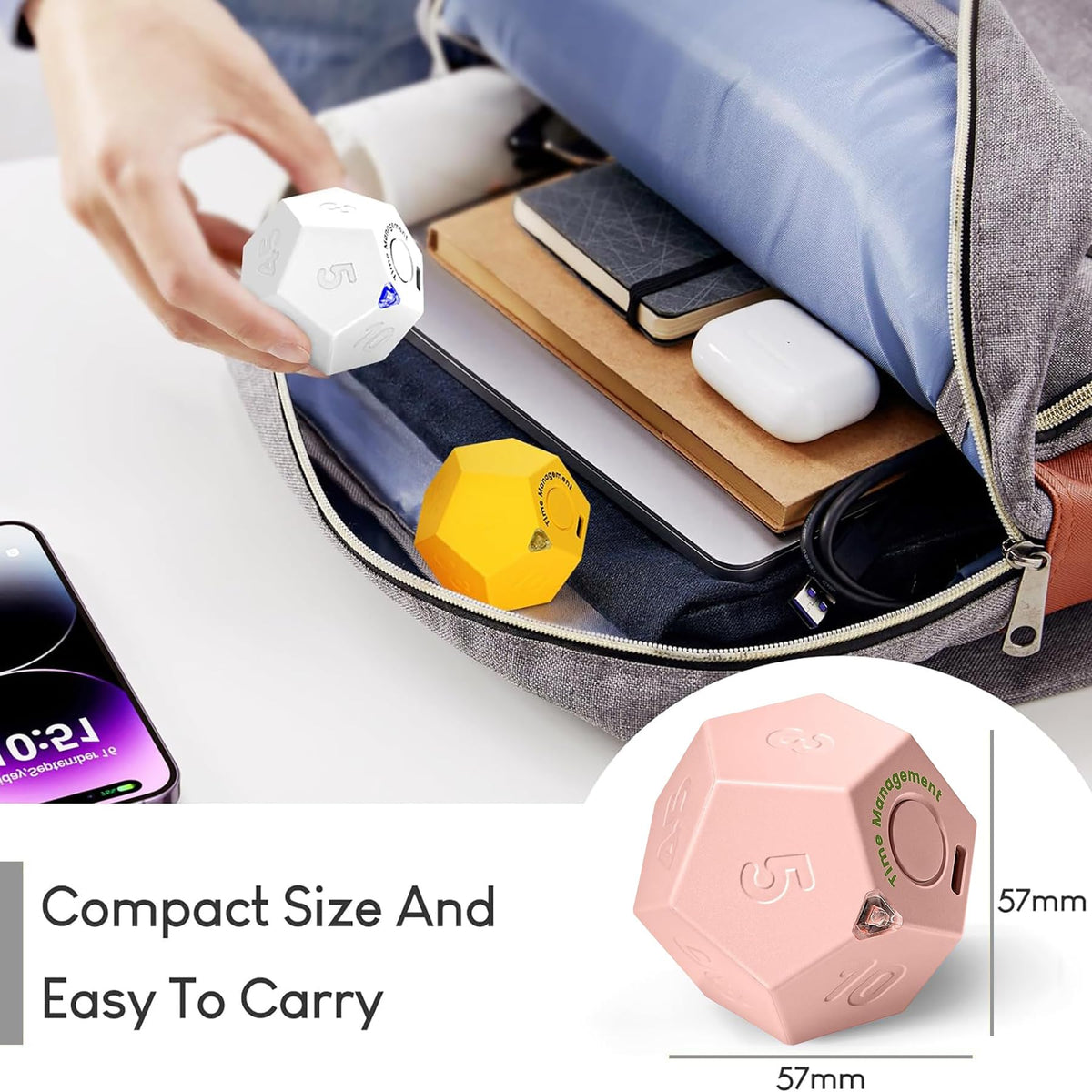 BEBESIRI Mini 12 Sided Cube Timer, 11 Preset Times Pomodoro Timer for Enhanced Productivity. Ideal for ADHD Management, Workout, Study & Kitchen Cooking. Easy to Use (Pink)