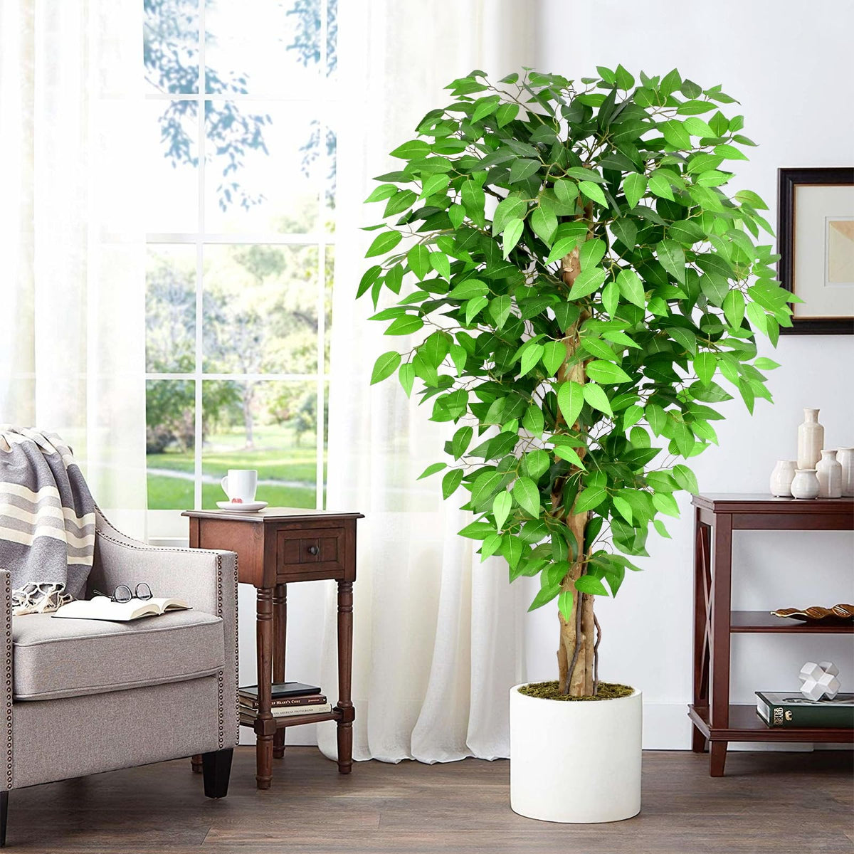 Keeplush 5ft Ficus Artificial Trees with Natural Curved Trunks, 60" Tall Lush Faux Tree for Home Decor Indoor, Green Lifelike Fake Ficus Tree Artificial Plants (Set of 2)