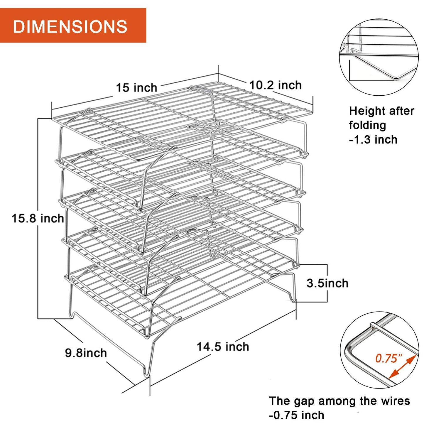 P&P CHEF Cooling Rack, 5-Tier Stainless Steel Stackable Baking Cooking Racks for Cooling Roasting Grilling, Collapsible & Heavy Duty, Oven Safe & Easy Clean, 15" x 10", Silver