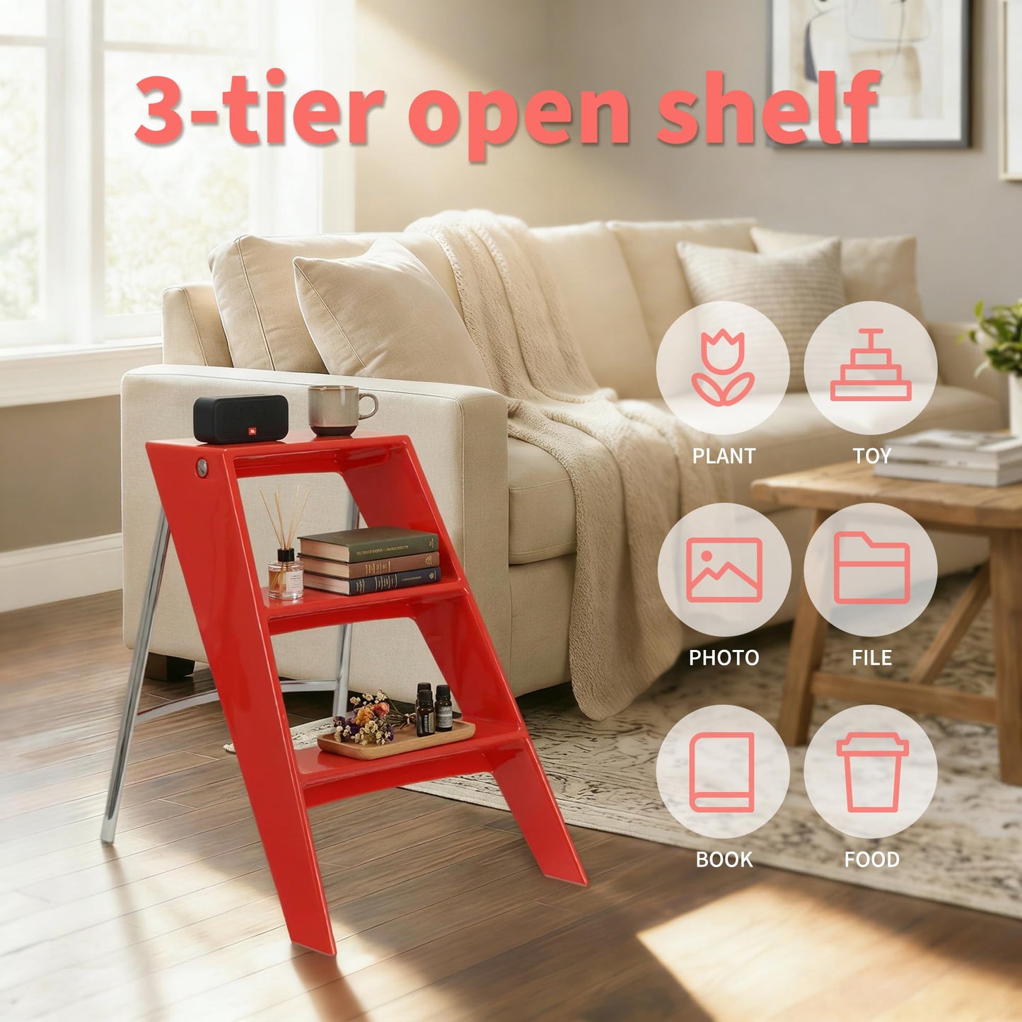 HOTEAGLE Ladder Shelf, Multifunctional 3-Tier Bookshelf, Stylish Bedroom Shelves Double as Bedside Table, Side Table for Home Living Room, Kitchen and Bedroom,Red