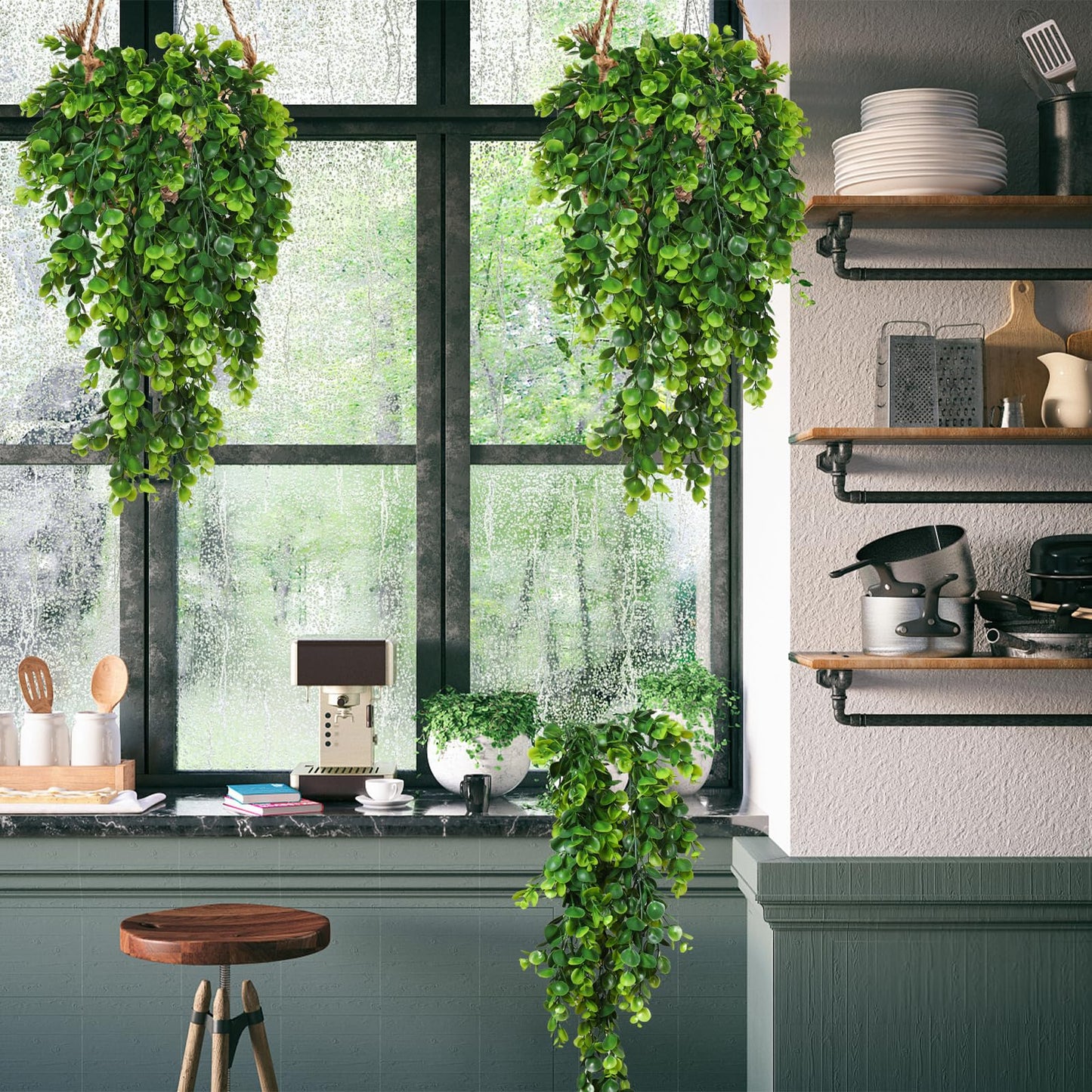 RECUTMS 4 Pack Artificial Hanging Plants Faux Eucalyptus Leaf Greenery Fake Plant for Wall House Room Patio Indoor Outdoor Home Shelf Office Decor (Green)