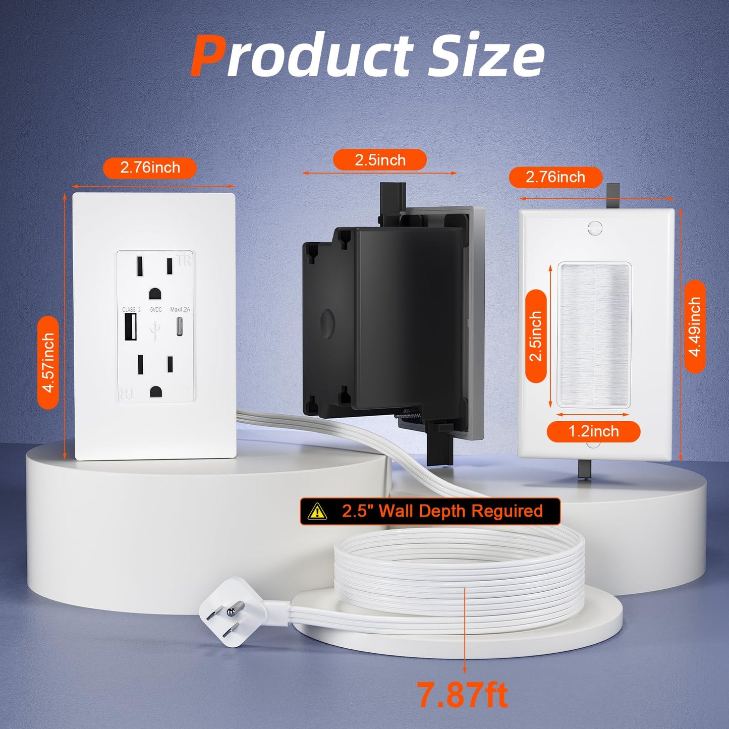 Outlet Relocation Kit,in Wall Cable Management Kit,2 AC+USB-A+USB-C,Power Relocation Kit for Unreachable Outlets,7.8ft in Wall Outlet Extender for TV,Home Theater,Sofa,Desks,Nightstands