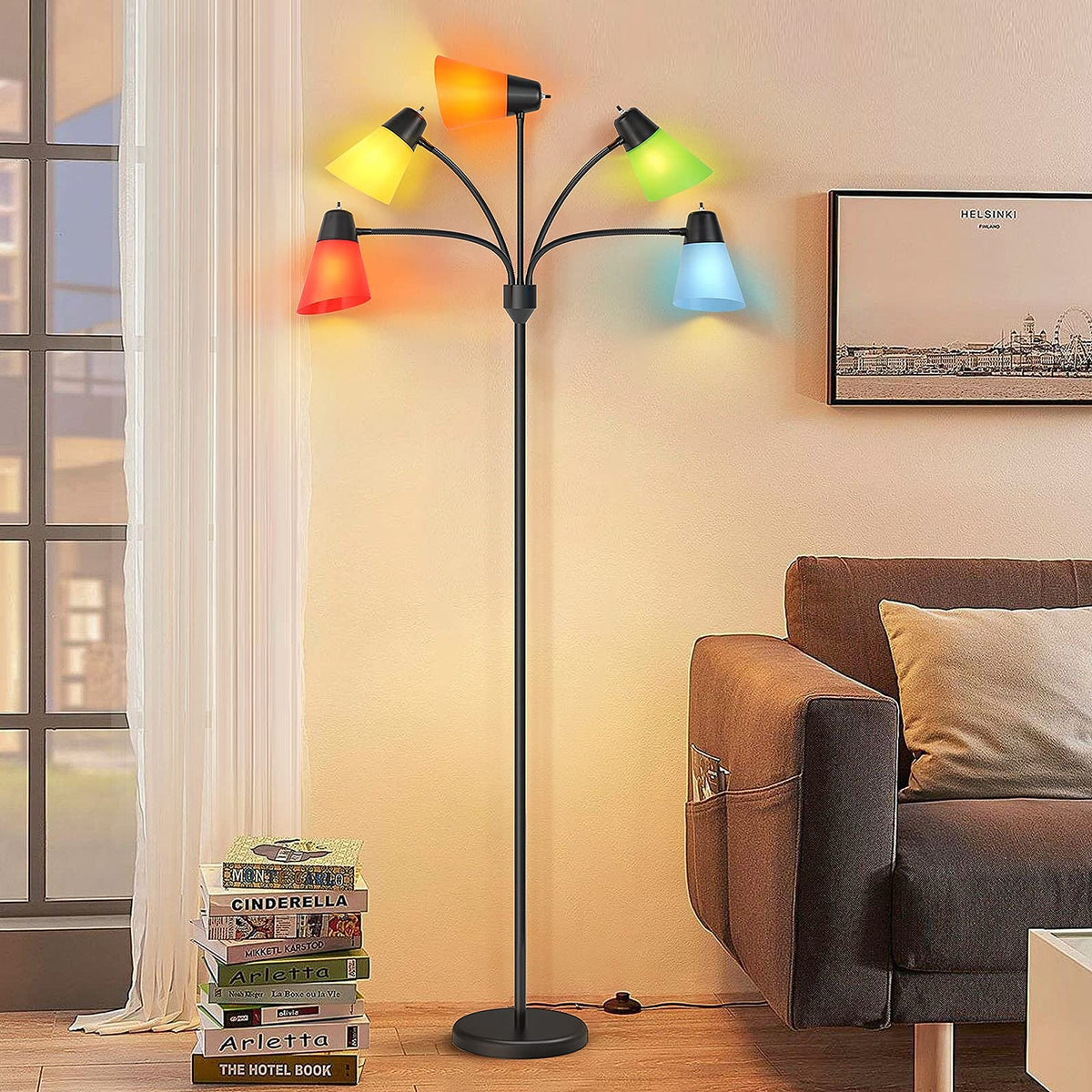 FOLKSMATE LED Floor Lamp, Medusa Multi Head Modern Tall, Rustic Adjustable Reading Standing Light for Living/Kids Room, Bedroom, Black