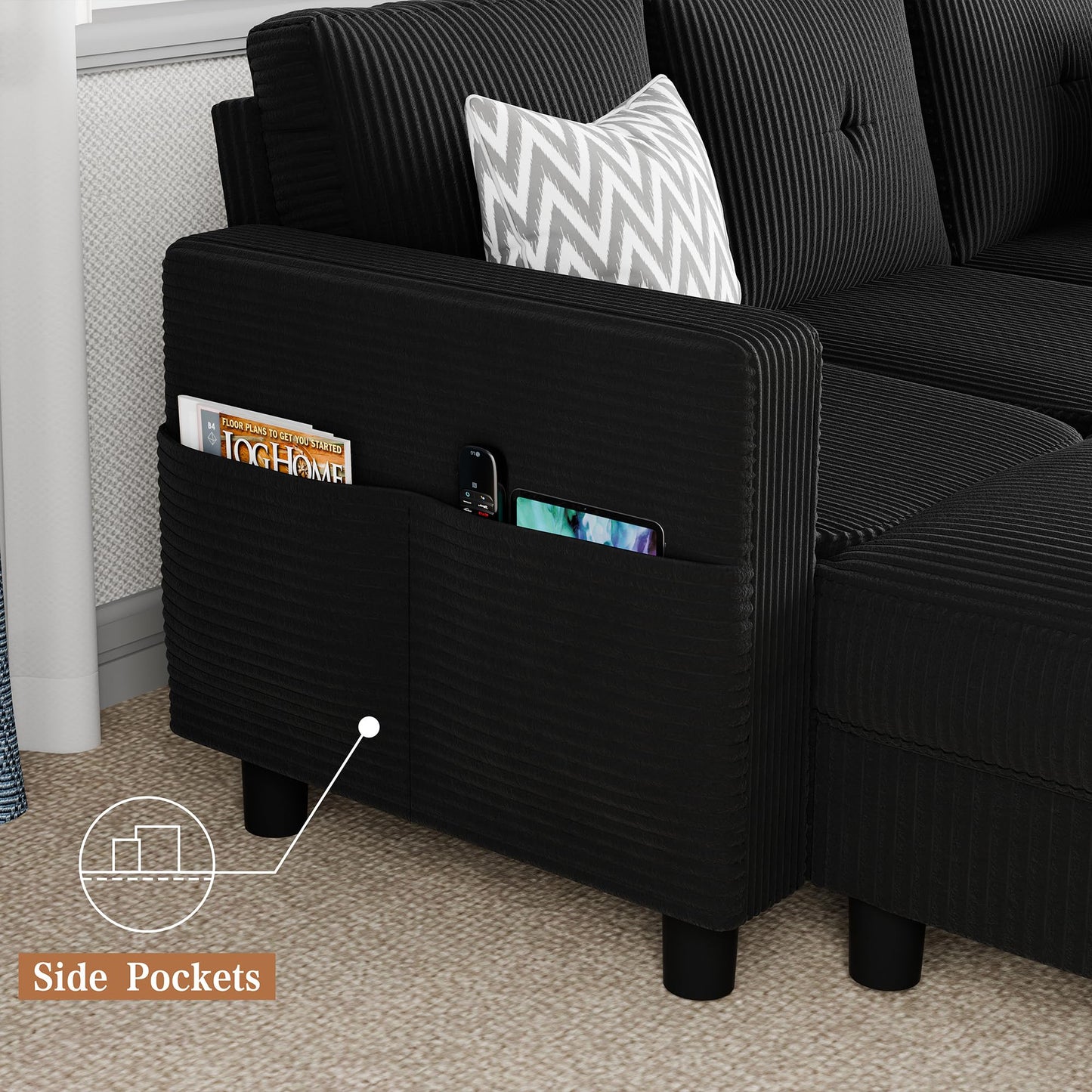 Shintenchi Modern Upholstered Sectional Sofa, L-Shaped Couch with Storage Ottoman and Reversible Chaise for Living Room, Black Corduroy Fabric