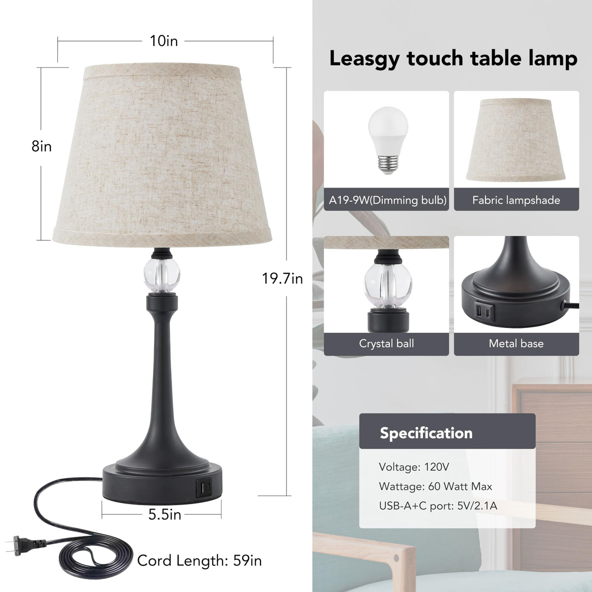 Leasgy 19.7'' Touch Table Lamps for Living Room, Small Lamp for Bedroom with USB C+A Ports, Dimmable Touch Lamps Set of 2, Reading Desk Lamp for Office, Metal Bedside Lamps, Bulbs Included, Black