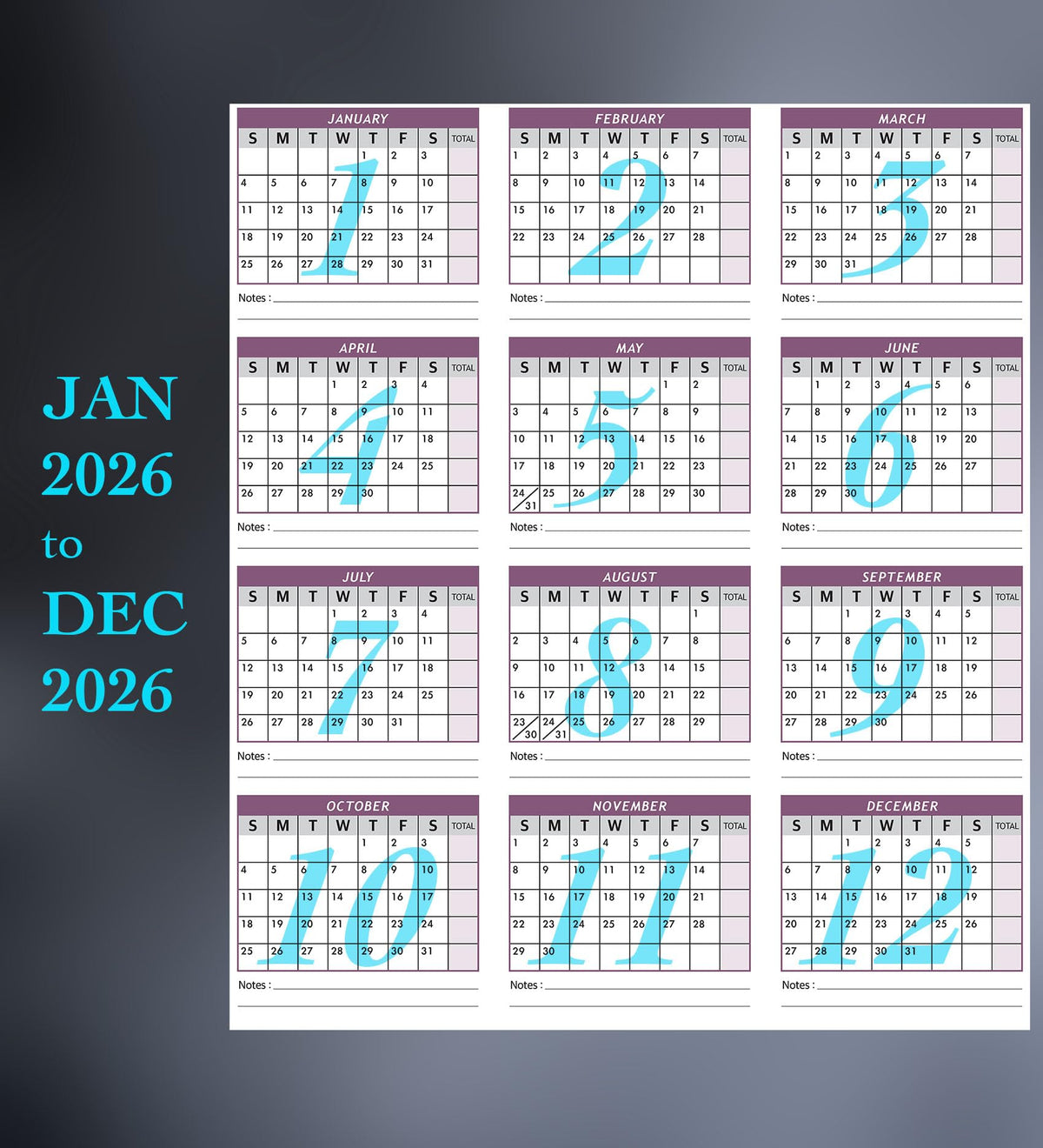 Attendance Calendar Employee Card Attendance Record Tracker 2026, Heavy 100lb Cardstock Paper 8.5 x 11 inches (Purple, Pack of 25 Sheets)