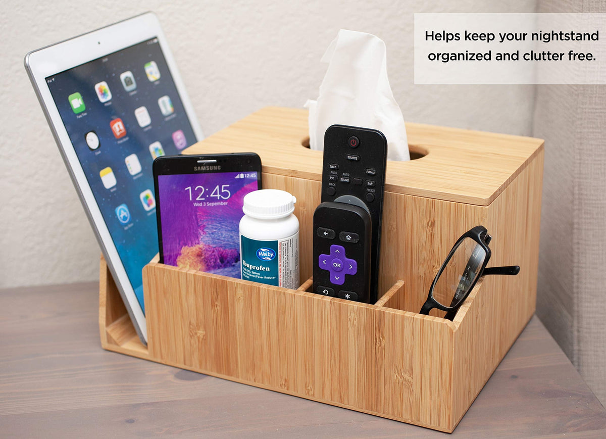 MobileVision Bamboo Tissue Box Holder & Tablet Stand Organizer for Bedroom & Desktop; compartments hold iPad Phones Remote Controls Reading Glasses Notepads & Pens