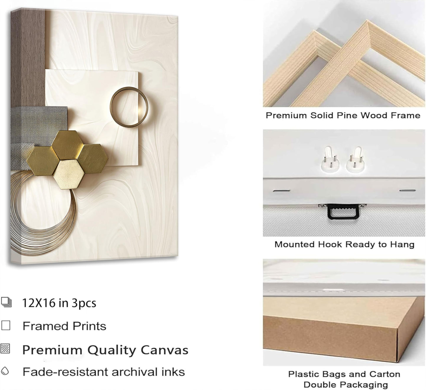 3 Pcs Abstract Gold Geometric Boho Canvas Wall Art Mid Century Modern Minimalist Aesthetic Luxury Metal Artwork Pictures Wall Decor Posters Prints for Living room Bedroom Office Home Decoration