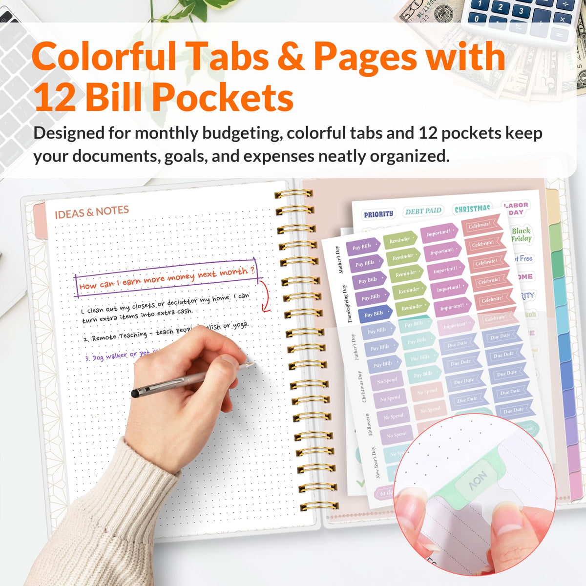 SUNEE Budget Planner - Deluxe Monthly Budget Book with 12-Pockets for Bill Organizer, Undated 12 Month Expense Tracker Notebook & Account Book B5 Size (8" x 10") to Manage Your Finance Planner, Black