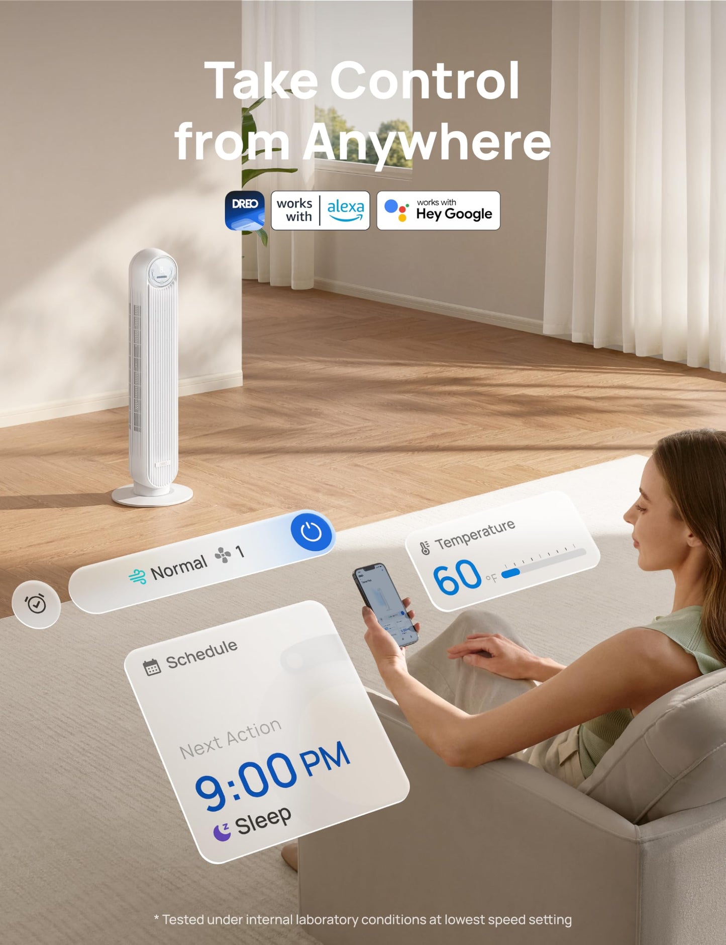 DREO Tower Fan for Bedroom, 25ft/s Smart Standing Fans, 90° Oscillating Floor Fan with 4 Modes, 4 Speeds, 8H Timer, 28dB, Bladeless, Remote, Works with WiFi Voice Control