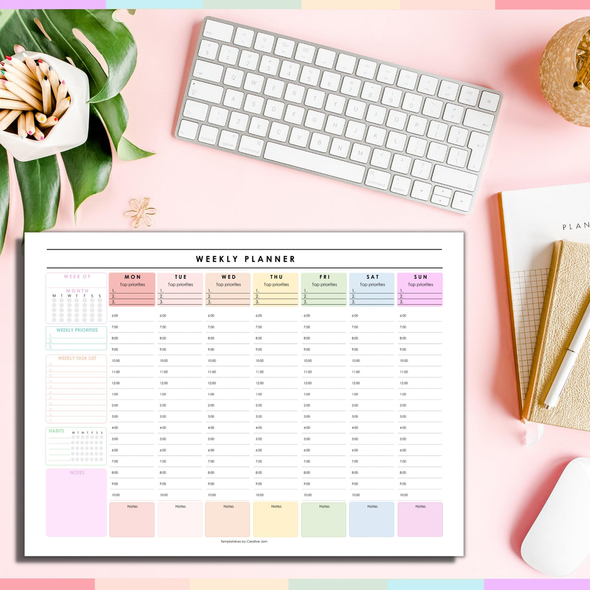 Weekly Hourly Planner Notepad, Daily Planner Desk Pad, Weekly Schedule, To Do List Note Pad, ADHD Planner | 50 Undated Tear Away Sheets | A4 (Rainbow)