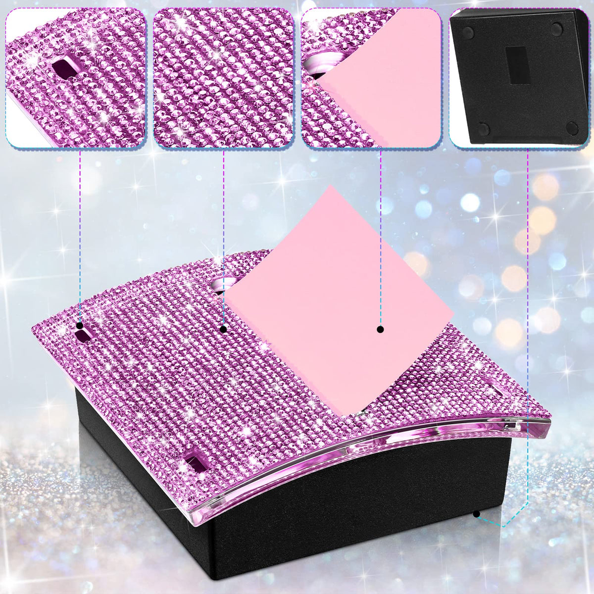 Eersida Rhinestone Self Stick Note Pad Holders 4 x 4 Inches Purple Cute Note Holder Sticky Dispenser Bling Memo Stick Dispenser for Office Employee Coworkers Gifts Home Desk Supplies
