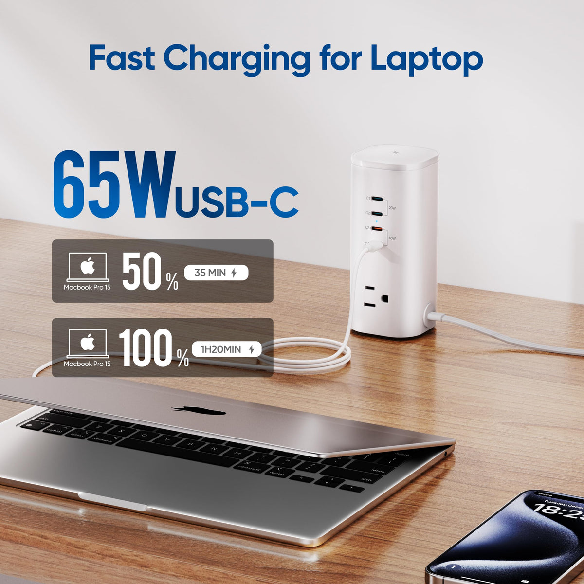 TenTrend Power Strip Tower Surge Protector, 115W Fast Charging Station with 3AC Outlets & 8 USB Ports (4 USB-C), 5FT Extension Cord Flat Plug for Home, Office, Dorm Room