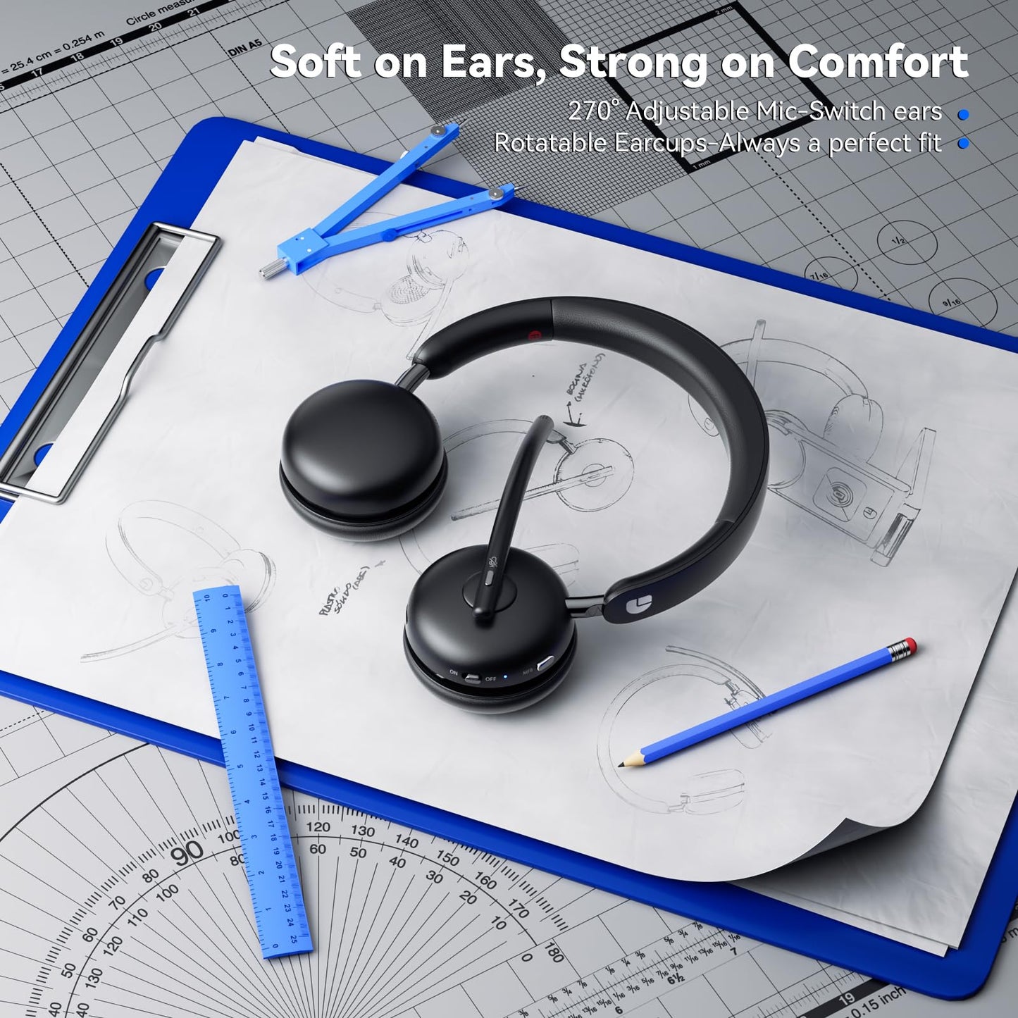 Dytole Wireless Headset with Mic for Work-Bluetooth 5.3 Headset with Microphone Noise Cancelling, Wireless Headsets with 65H Battery & 10Min Fast Charge, Smart Charging Dock for PC/Laptop/Team, Black
