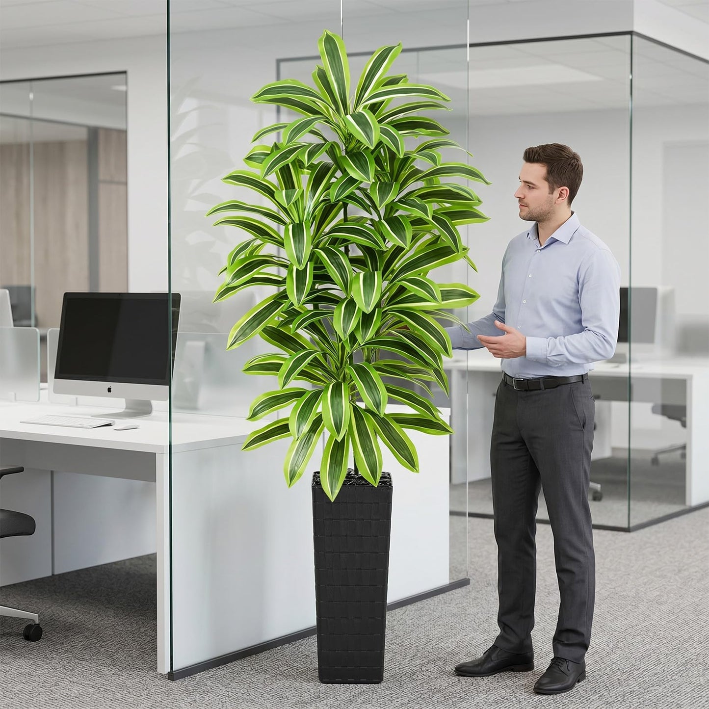 Artifical Yellow Dracaena Tree Indoor, 7FT Tall Fake Floor Plants with Black Planter & Pebbles, Fuax Silk Yucca Tree for Home Office Living Room Bedroom Farmhouse Modern Outdoor Topiary Tree