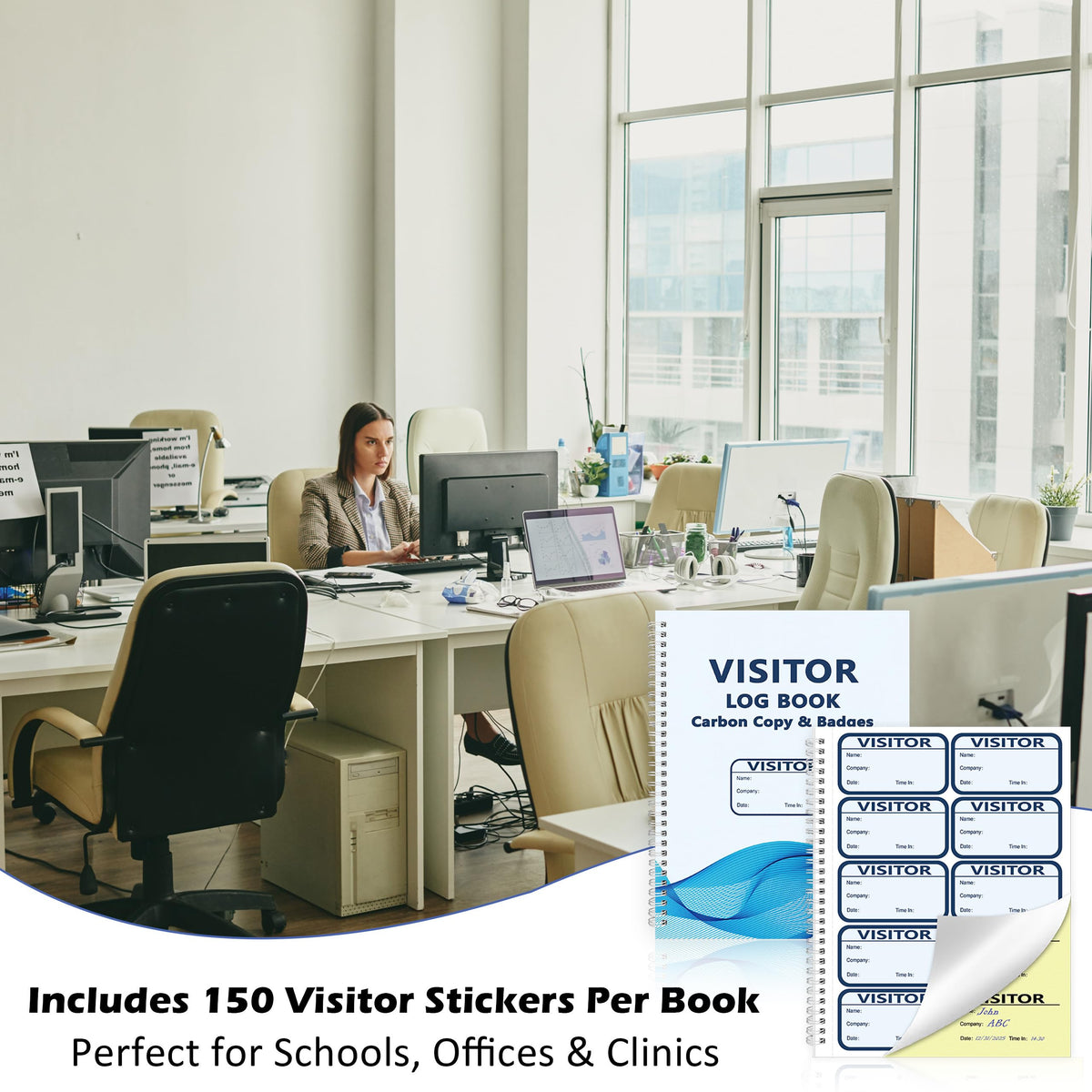 1 Pack Visitor Badges with Carbon Copy Visitor Stickers Letter Size Visitor Log Book Protecting Privacy Pages for School Church Business Visitor Pass Stickers 150 Visitor Badges 30 Memo Pages (1)