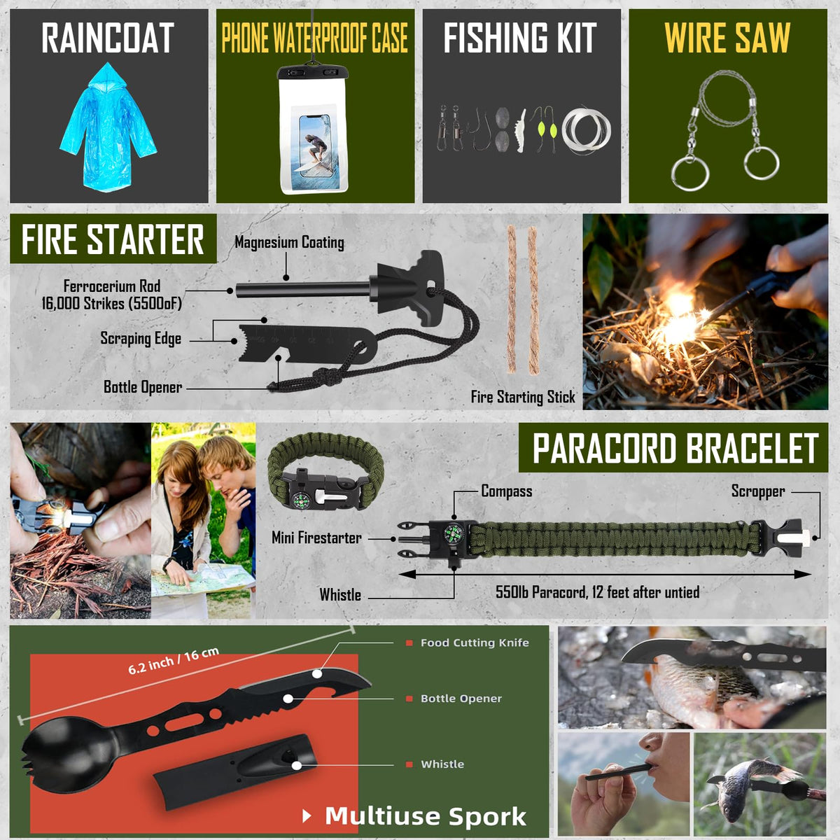 Survival Kit, 268 Pcs Emergency Survival Gear and Equipment Supplies with First Aid Kit, Camping Axe, Headlamp, Crossbody Bag for Camping Hiking, Hunting, Gift for Christmas Men, Dads,