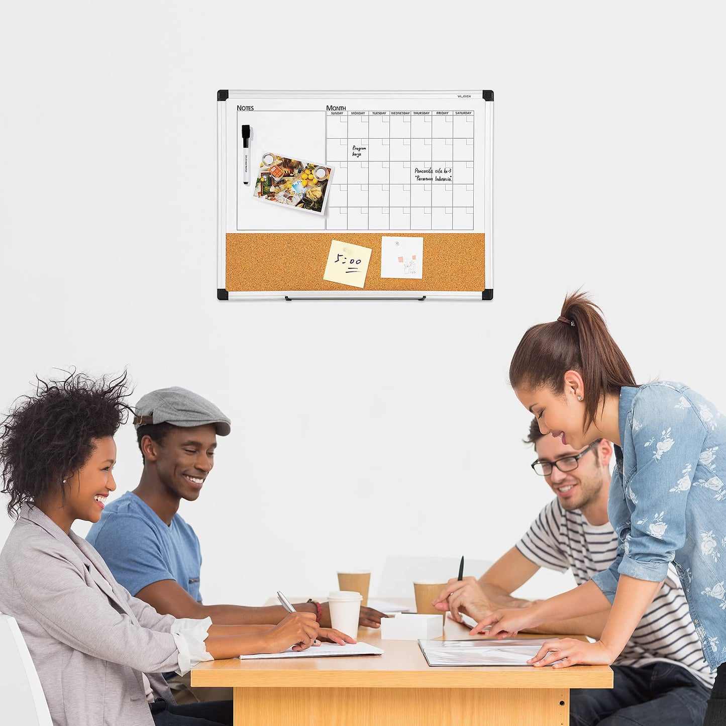 VUSIGN Monthly Calendar Whiteboard Dry Erase Cork Board Combo, 18" x 24" Planning Board, Silver Aluminium Frame