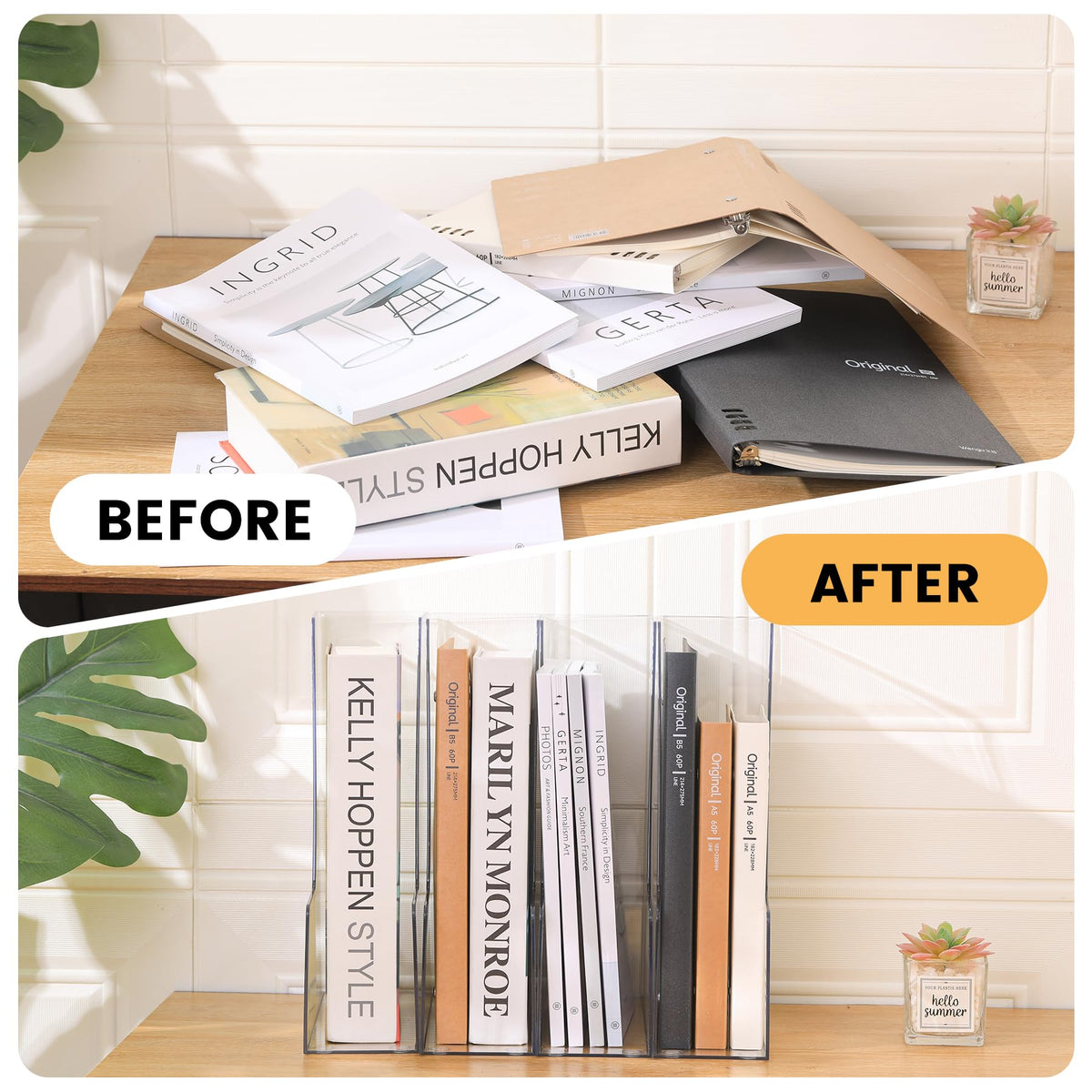 CiWiVOKi Vertical File Holder, PET Desk Organizer, Multi-purpose Plastic Document Storage Bins for Magazines, Binders, Notebooks, Envelopes, 2 Pack
