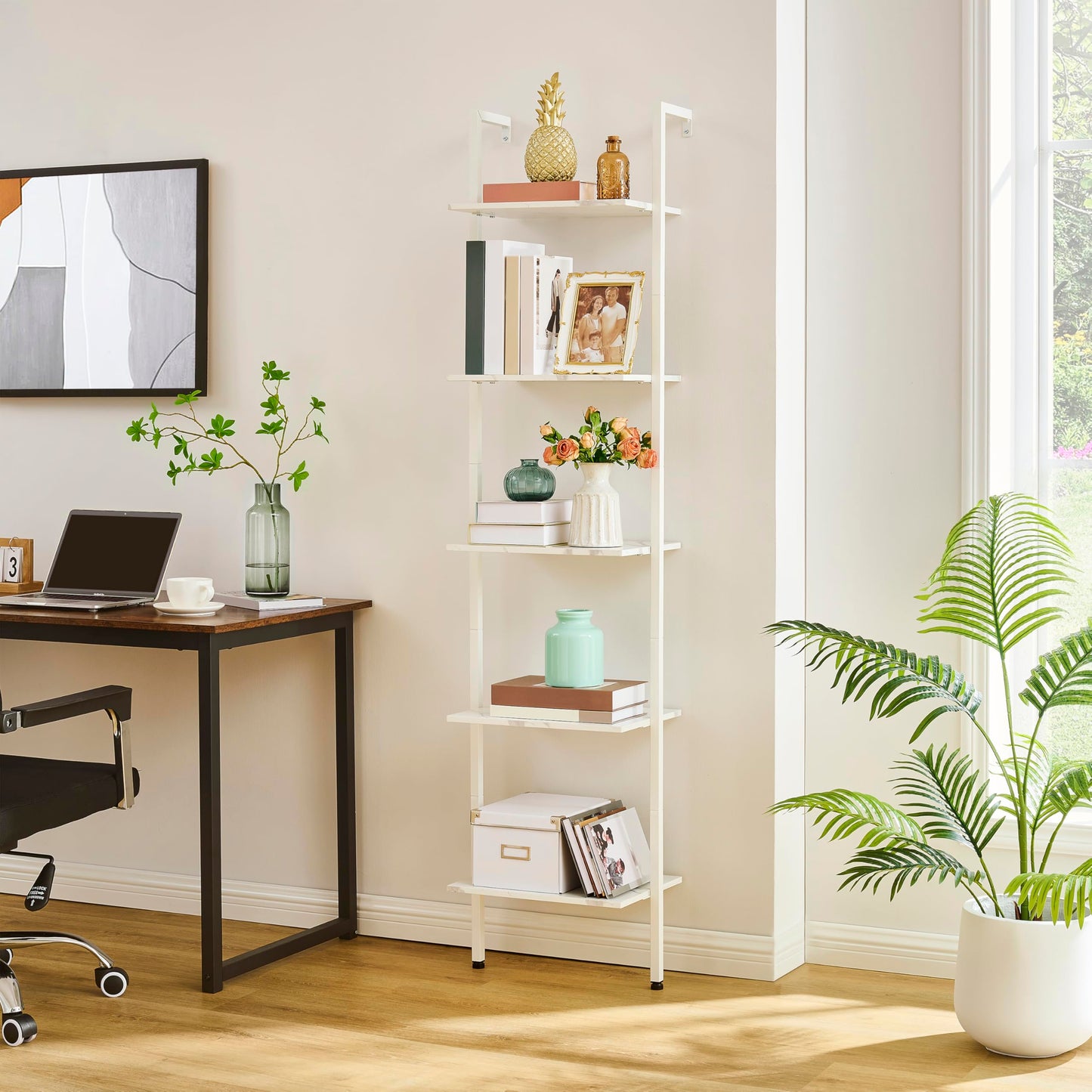 Tajsoon Ladder Shelf, White 5-Tier Wood Wall Mounted Bookcase with Metal Frame, Modern Open Display Rack, Storage Shelves for Bedroom, Home Office, Living Room
