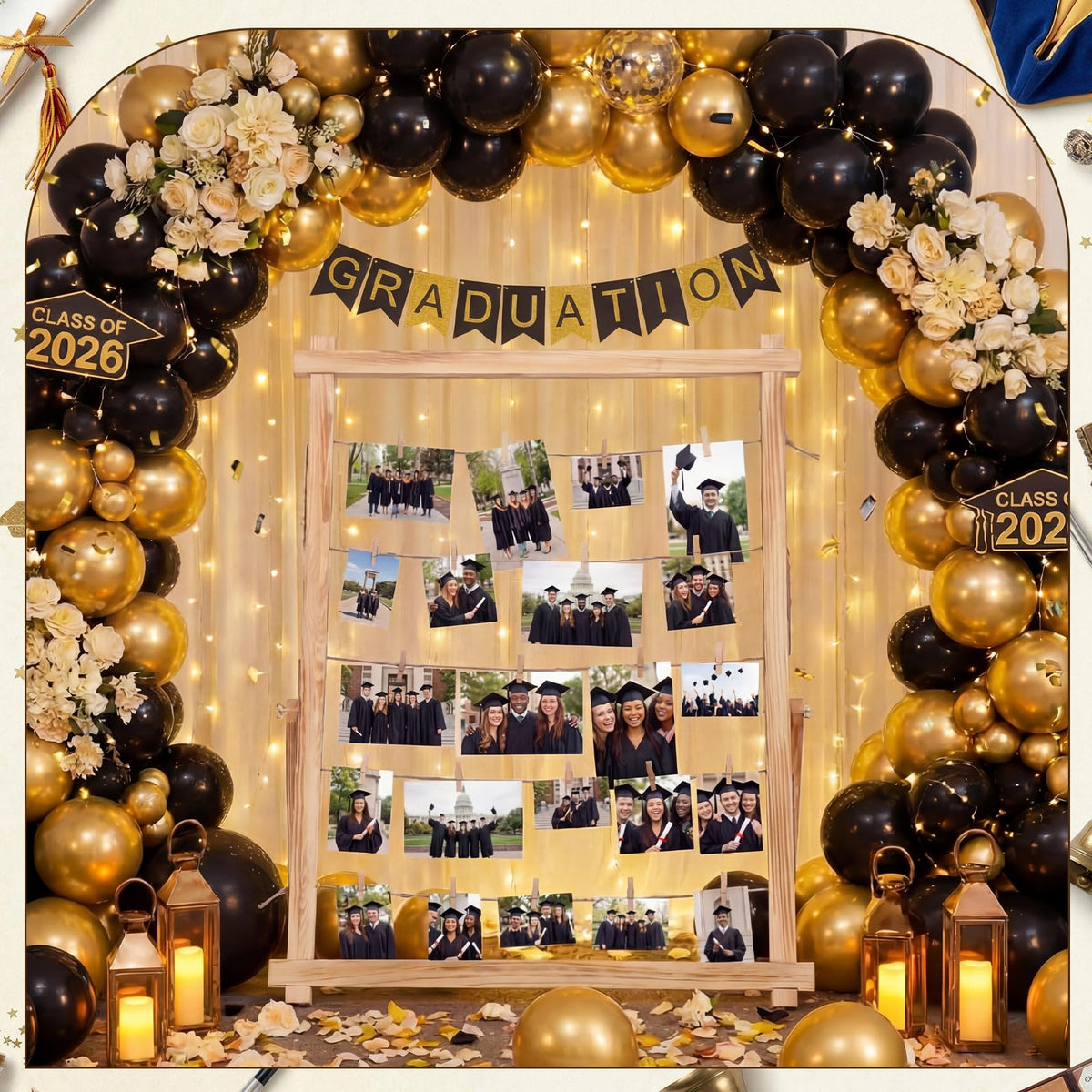 Cinnvoice 33x25 Inch Graduation Decorations Class of 2026 Freestanding Photo Display Board with 30 Clips Stable Tabletop Wooden Picture Frame Collage for Party Hanging Photos Postcards Greeting Cards