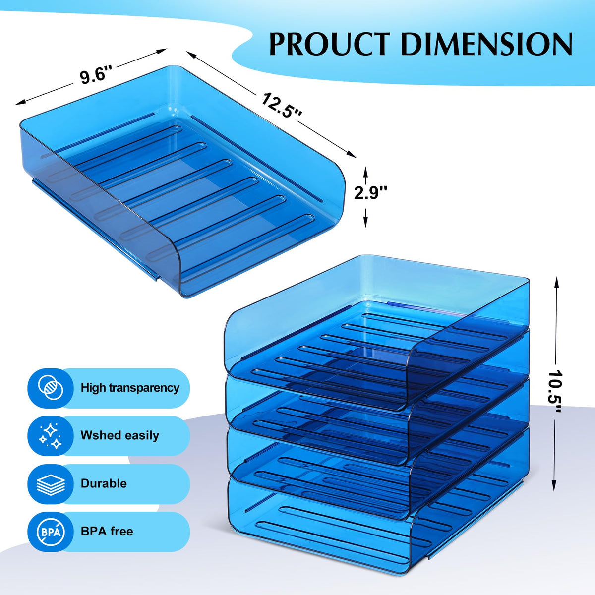 CiWiVOKi 2 Pack Stackable Paper Tray File Organizer for Desk, Office Organizer and Storage for Desk Accessories, Notes, Books, File Paper, Document, Blue