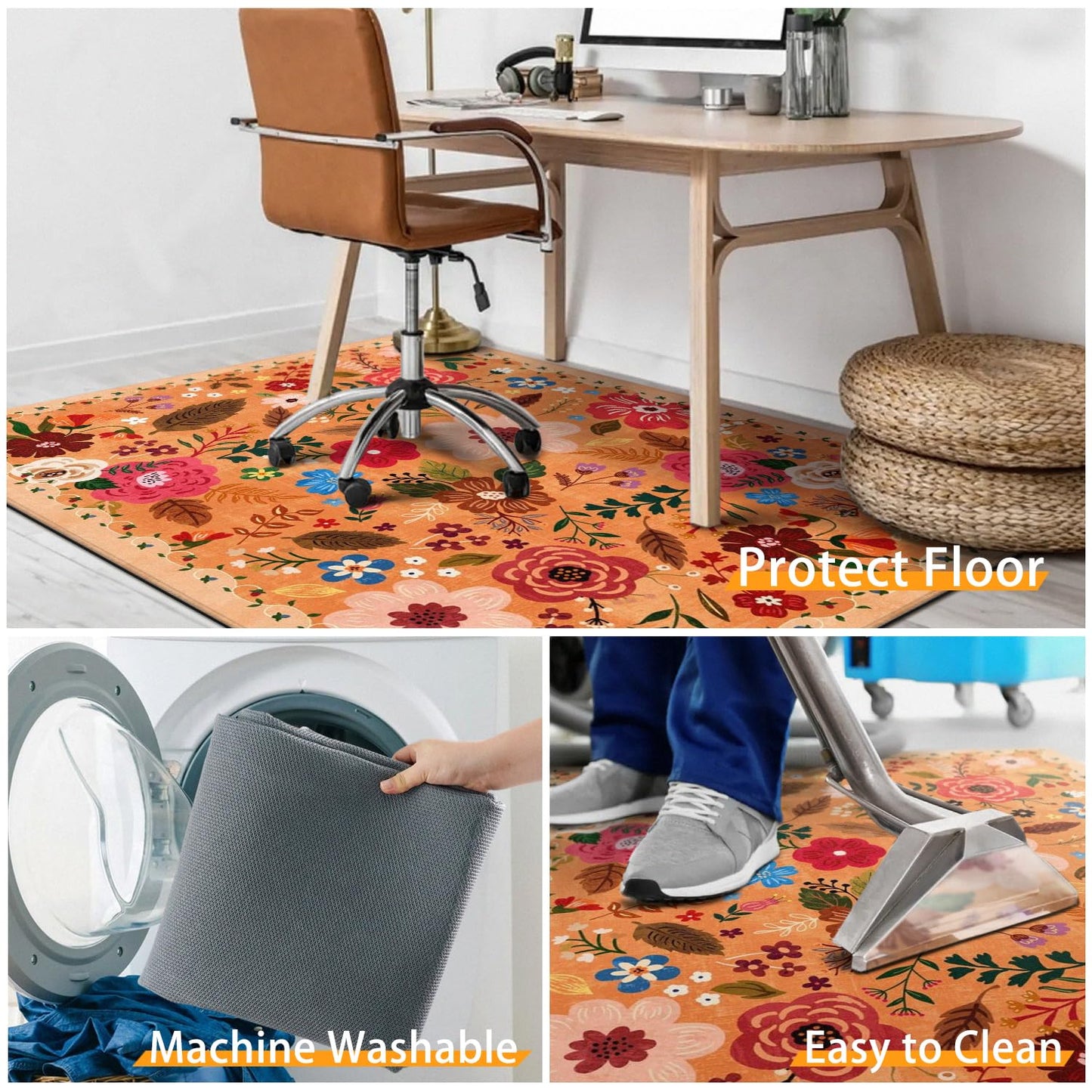 Office Chair Mat for Hardwood & Tile Floor,Boho Floral 36"x48" Computer Chair Mat for Rolling Chairs Carpet,Under Desk Non Slip Gaming Rug,Low-Pile Rubber Backing Large Protector Mat(Orange)