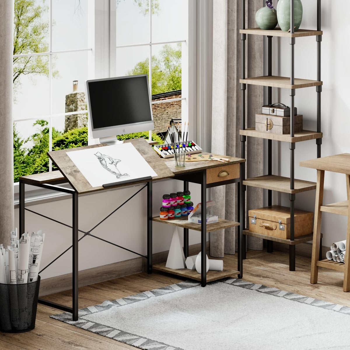 X-cosrack Drafting Table with Storage Shelves & Drawer, 43" Adjustable Art Desk with Monitor Stand for Home Office Computer, Tiltable Draft Drawing Table for Artist, Study, Writing Workstation