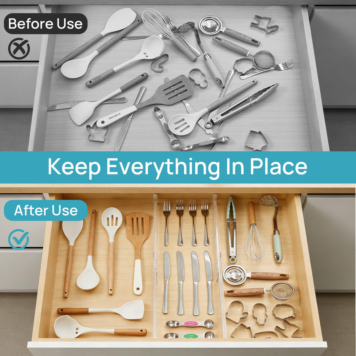 Vtopmart 8 Pack Shallow Drawer Dividers, 2.36" High 12.5"-20.8" Adjustable Expandable Kitchen Drawer Organizer, Clear Plastic Organizer Separators for Flatware, Utensil, Cutlery, Underwear, Clothes