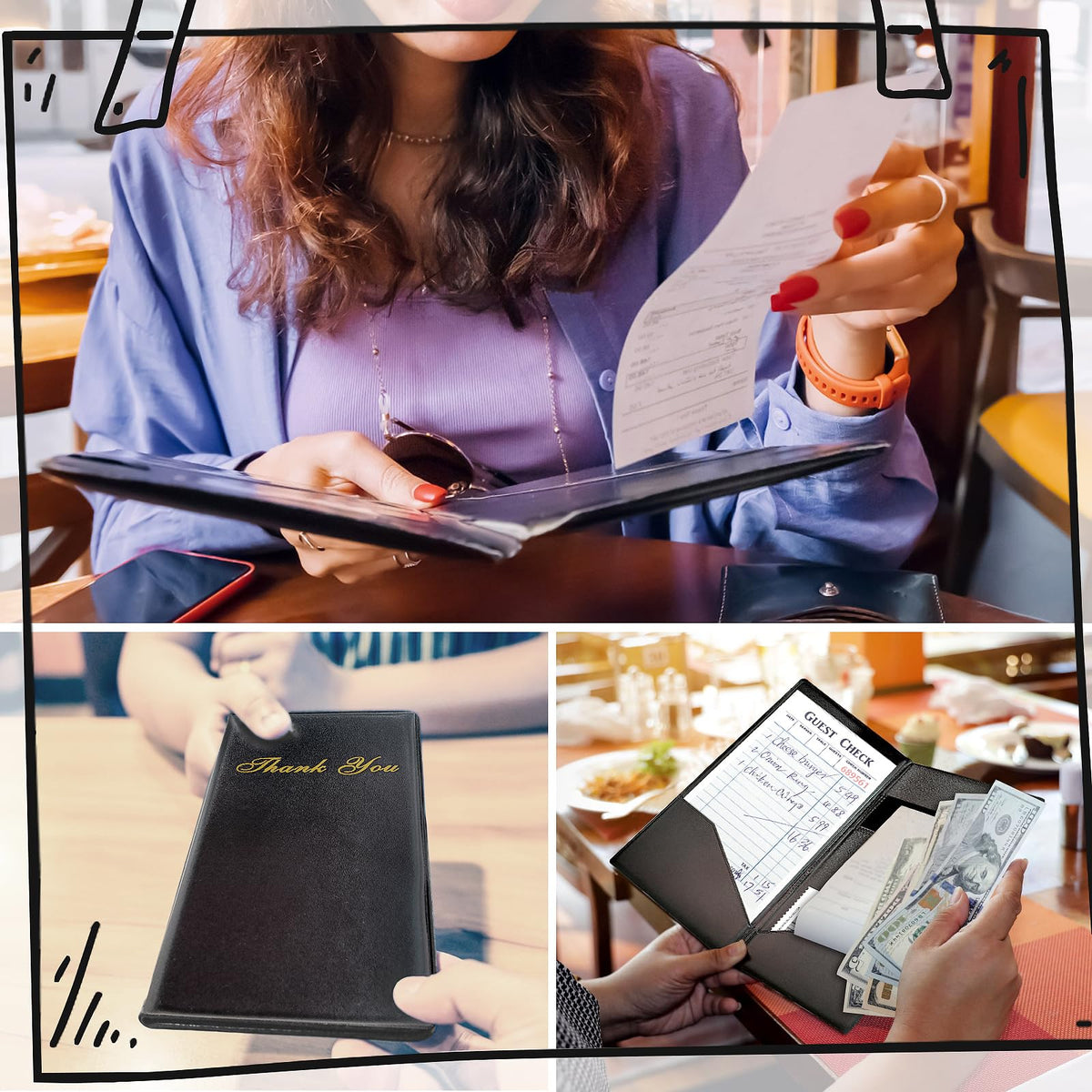 50 Pcs Check Presenters for Restaurants 4 x 8 inch Guest Check Presenters for Restaurant Black Card Bill Holder Receipt Check Holders with Guest Checkbook for Servers Waitress Waiter