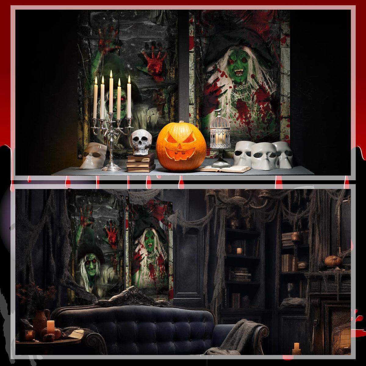 Newwiee 2 Pcs Scary Halloween Curtain Window Silhouette Cover Decoration Theme Poster for Indoor Outdoor Party Wall Door(Witch)